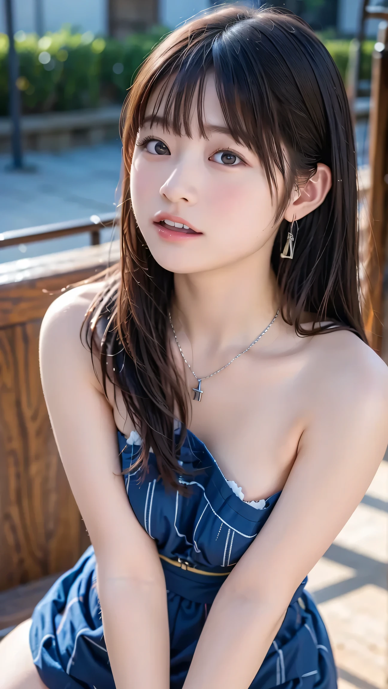 Masterpiece, 4K, bokeh, Photorealistic, high school girl sitting on the beach, (Japanese idle:1.6), Lightbrown long hair, Light brown eyes, Plump breast, Looking at the viewer, Blushed face, Close up, (Silver metallic dress), (Gemstones decoration:1.6, Colorful Gemstones:1.6), (Dress embellished, Sequinoon night seashore, Beautiful full moon and shining stars,