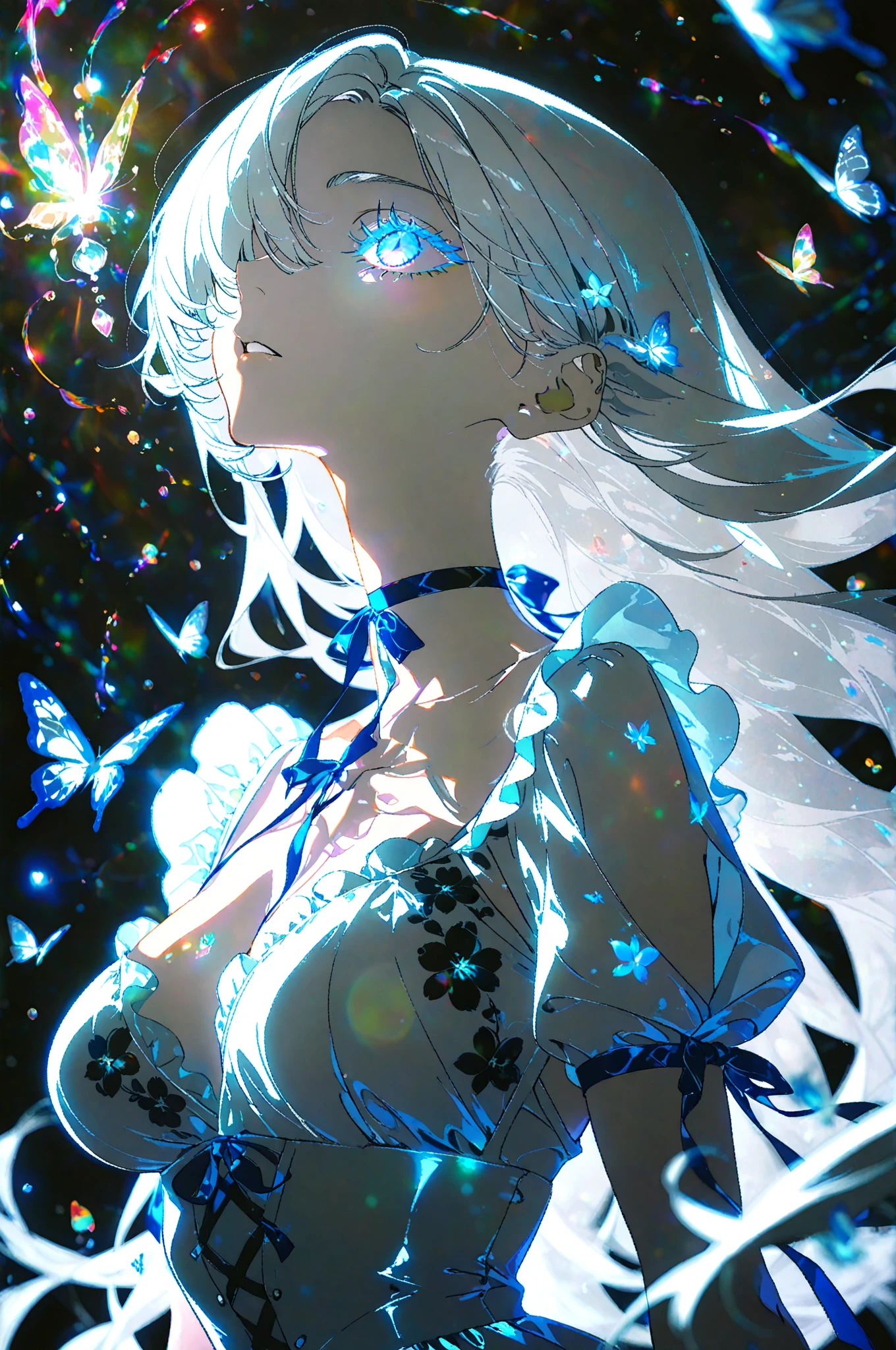 silber hair，butterflys，long whitr hair，8k wallpaper，detailedbackground，Highest high resolution，deep v big breasts，Hair covers one eye，Bandeau，Church background，Purple roses，tight-fitting，themoon，