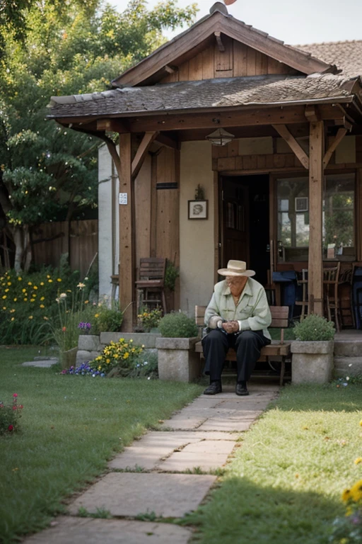 /imagine A wise old man sitting on a wooden bench in a small village, surrounded by colorful flowers. He holds a bucket with a small hole in it, and around you there is a path with flowers growing on one side, symbolizing beauty in imperfections. The atmosphere is serene and inspiring, with a clear blue sky and soft sunlight.