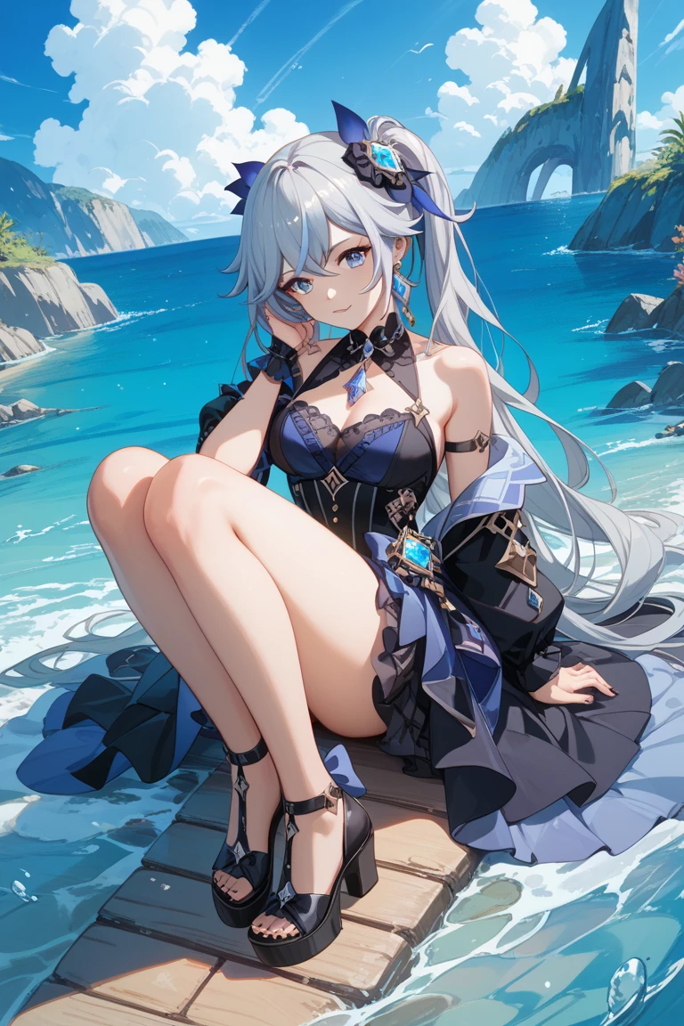 Masterpiece, Old, female, long white hair, wearing a mermaid headband and pearl necklace, Slanted eyes, blue navy sexy dress, Sitting by the beach, serious expression, with a sharp gaze, full body