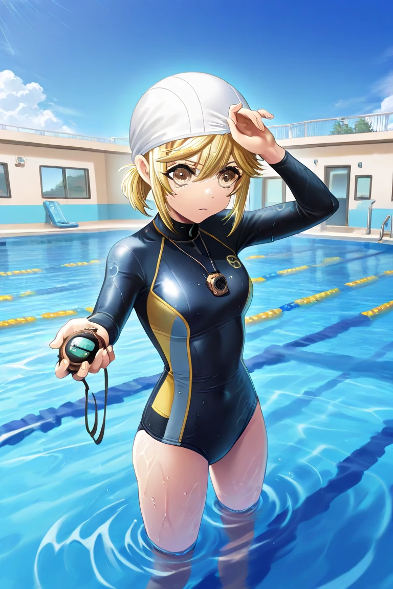 Beautiful and blond, messy hair, wearing all black, free arms, swimsuit, looking at the viewer, blurred pool background with race track, arrogant