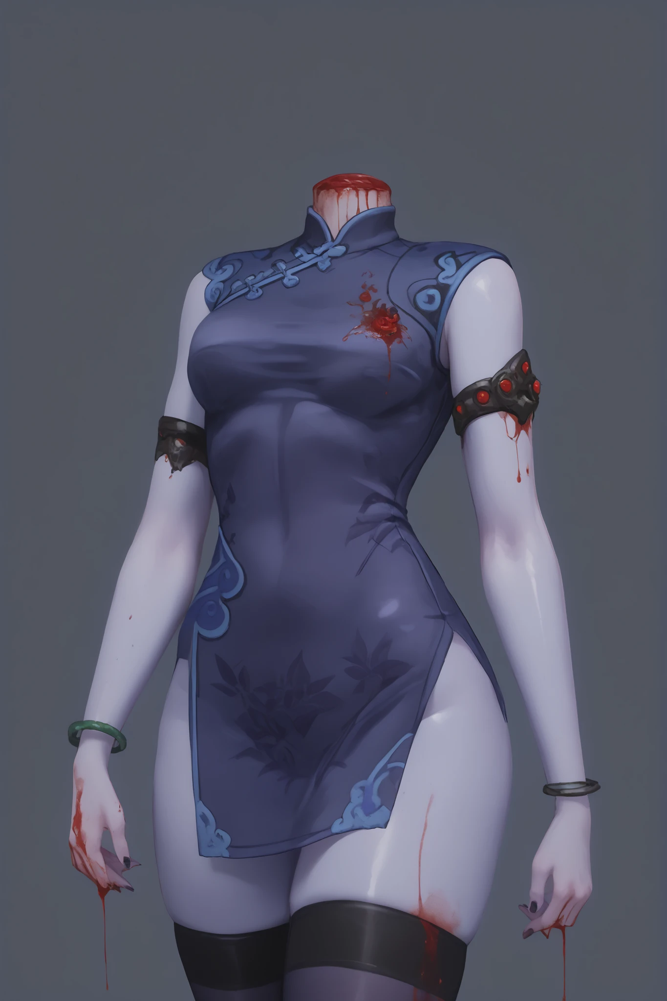 headless,(((headless))),h3ad,widowmaker (overwatch), widowblacklily, china dress, stockings, blue skin, blood, gore, decapitation, beheading, wound, shiny clothes, spasming,