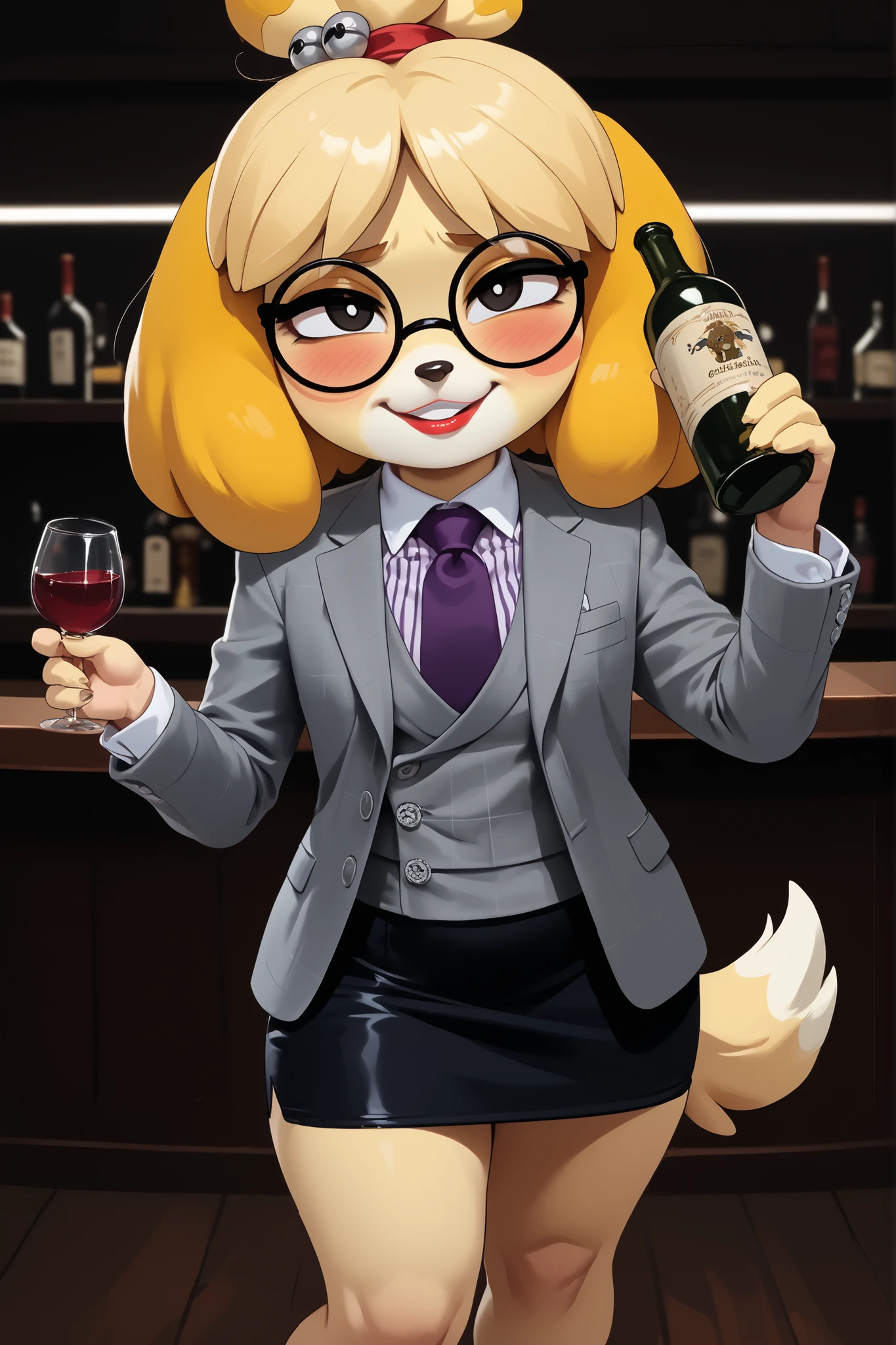 score_9, score_8_up, score_7_up, score_6_up, source_anime, three-piece suit, 1girl, thin-frame round glasses, formal, jewelry, suit, purple necktie, earrings, jacket, (((grey waistcoat))), shirt, (((grey jacket))), striped shirt with white collar, (black leather skirt), makeup, Score_9, score_8_up, score_7_up, high heels, white collar and cuffs
isabelle \(animal crossing\) , cute, source_furry, nightclub, (((drunk))), holding wine bottle, shortstack, big head, tail, smirk, dynamic pose, lipstick, louboutin heels, stilettos, lidded eyes, (((stumbling))), inebriated, messy hair, off balance, swaying, drunk bubbles, flushed face, yellow fur