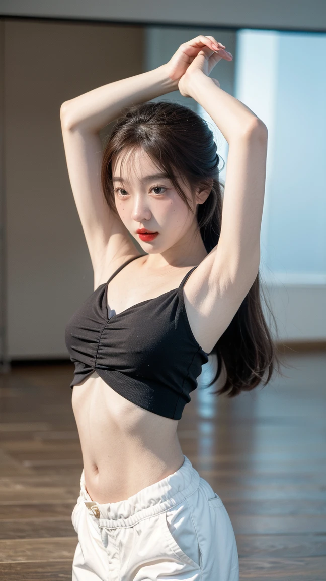 (Highly detailed body,Highly detailed face,Best quality at best:1.2) ,A woman with,looki at viewer,(Black bandeau,Pleated skirt)(1 in the room background.2),(Put your hands back:1.2)