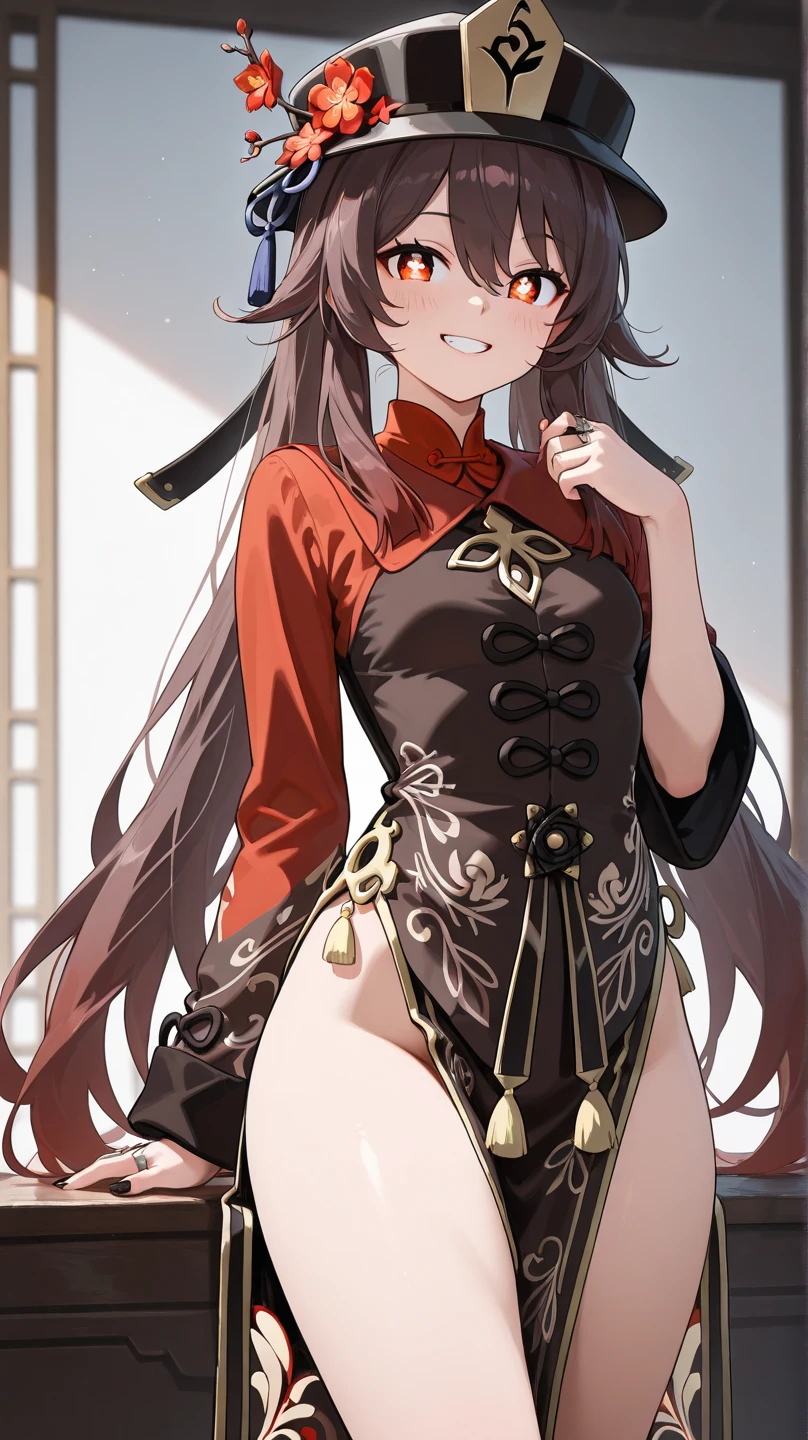 masterpiece, best quality,
1girl, hu tao (genshin impact), hat, red eyes, twintails, brown hair, solo, symbol-shaped pupils, long hair,bangs, official outfit , shorts , china dress, downblouse, leaning forward, unbottoned, cleavage, bedroom