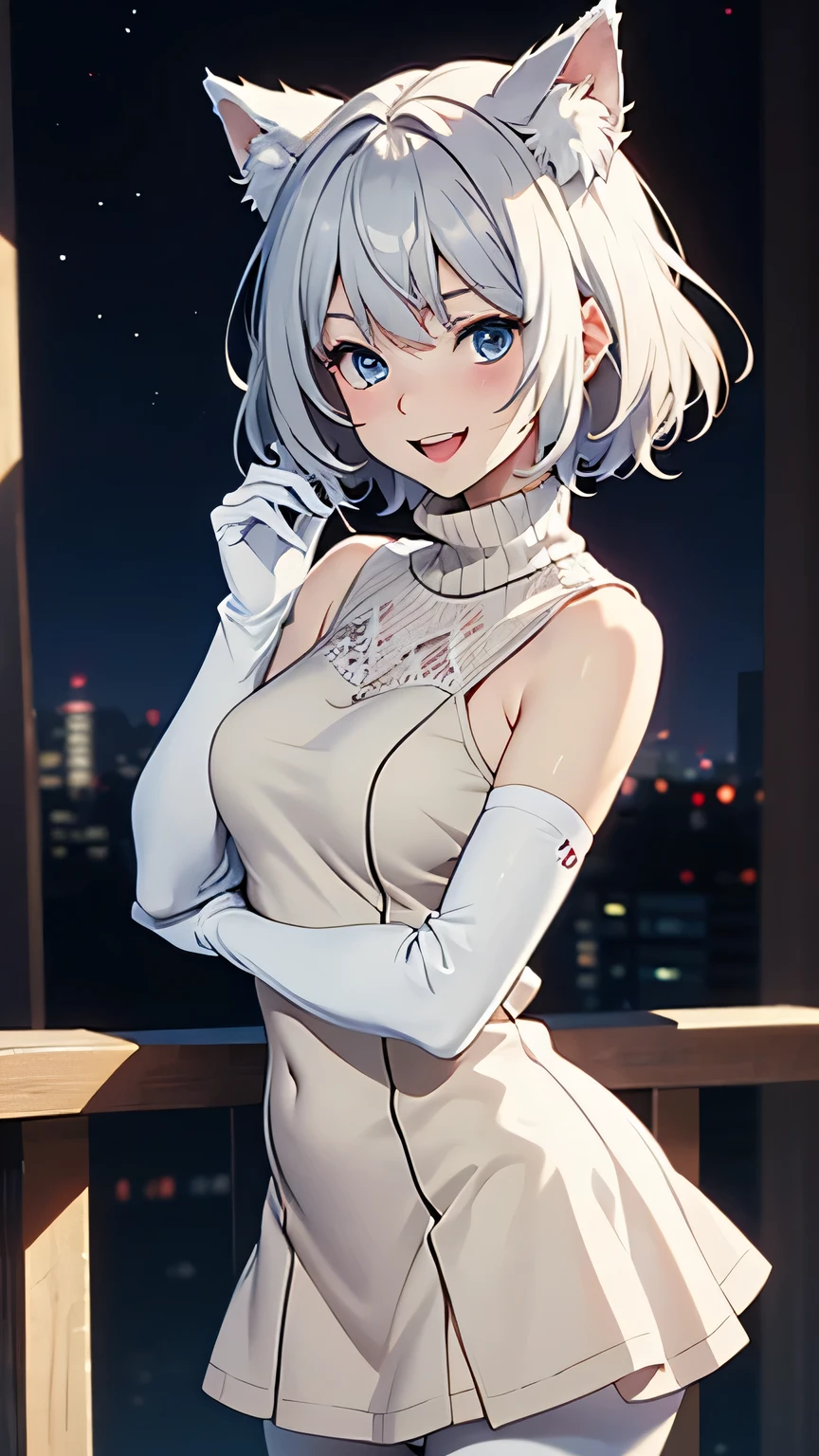 table top　High level image quality　best image quality　8K　 adult woman　portrait　Pure white long gloves（elbow gloves）　pure white pantyhose　Pure white leotard（Tube top）　white wolf ears　short hair（（shortcut）（gray hair）（perm）（fluffy））　eye color is blue　Face seducing（（laughter）（smile）　Are standing　background（Bedroom）　view from the side