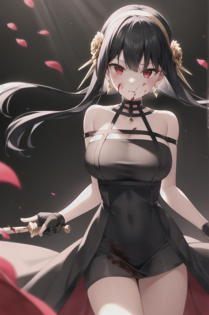 <lora:yor:1>yor briar, 1girl, red eye,breast, floating hair,long hair,closed mouth,short hair with long locks,
bare shoulders,black dess, black gloves, black hair, blood, blood on face, fingerless gloves,gold earrings,hairband,jewelry,
<lora:knife:1>,knife,blood on weapon,looking at viewer,
backlighting, light particles, rose, rose petals, rose print,
((masterpiece))