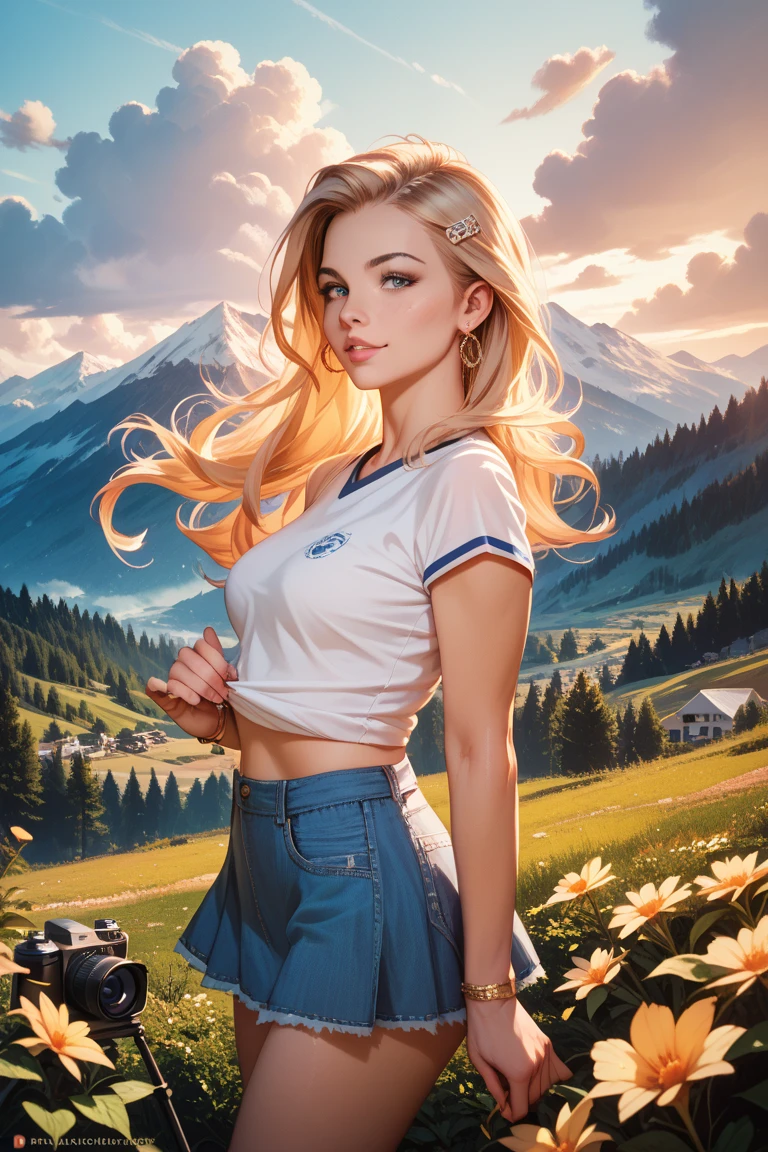 Cowgirl, small breasts, cleavage, low rise denim shorts, ((front tied white shirt)), blonde hair, ranch setting, mountains, smile