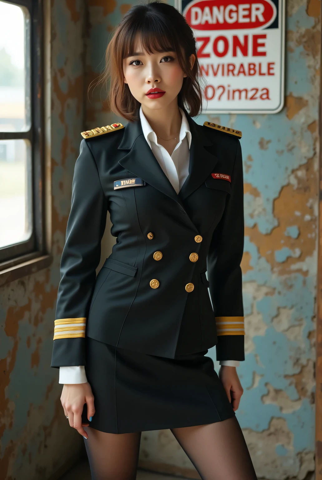 Modest outfit, remote shot, detailed beautiful delicate face, detailed beautiful delicate eyes, perfect facial proportions, high-definition skin, fine skin, four-inch best ratio. With one thumb, a masterpiece, highly detailed, realistic, (World War II German general uniform reference : 1.8), the highest face resolution, adult, modestly dressed woman, dressed entirely, ( small, black hair, black straight bangs, super fine braids, straight bangs, red glasses, dark green eyes), future, science fiction, fighter plane, standing On the landing of a fighter plane, the government agency, a deep intelligent personality, a calm expression, a respectful face, a war, a fighter plane