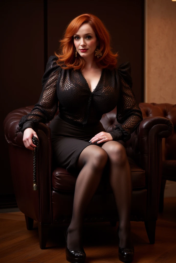 A MILF, beautiful evil widow, Raised sexy, Wearing black stockings, sit on chair