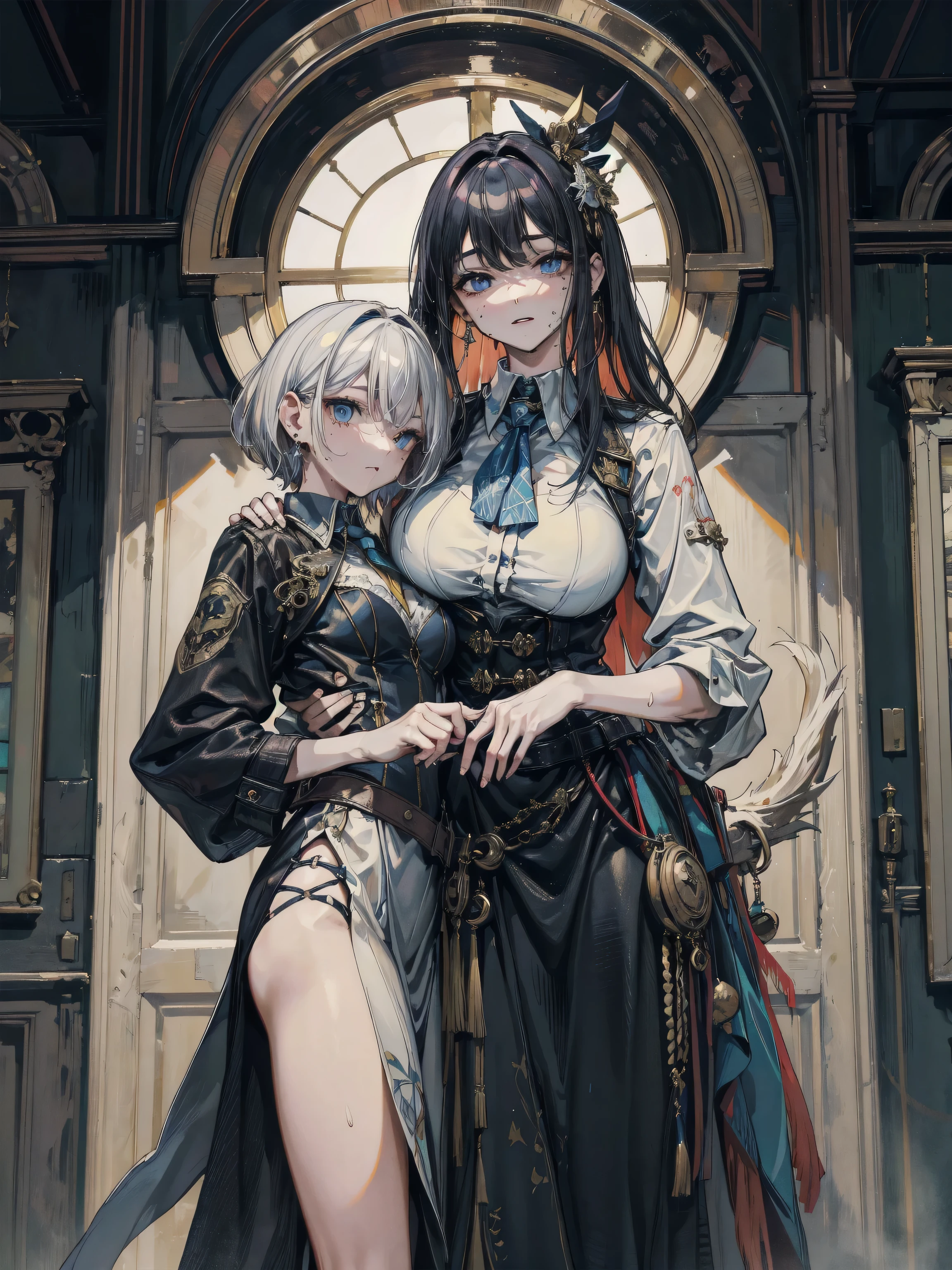 absurdres, RAW photo, extremely delicate and beautiful, masterpiece, Best Quality, ultra high resolution, 32k, hyperrealistic, ultra-detailed, detailed description, perfect anatomy, pale skin, 20 years old, detailed beautiful face and eyes, tearful mole, earring, short medium hair, wavy hair, whole body shot, colossal tits, ((yuri)), (((2 girls))), Practical pirate clothing, Long-sleeved pirate top, Skirt,