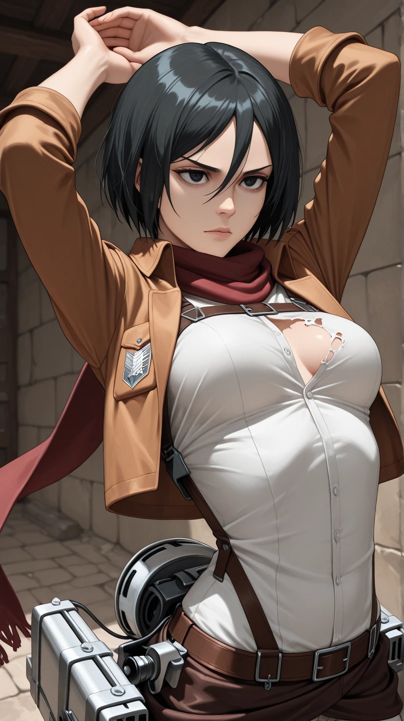 cleavage, 4k image, (masterpiece:1.2, best quality), photorealistic, (hyperrealistic:1.2), beautiful, Mikasa from AOT