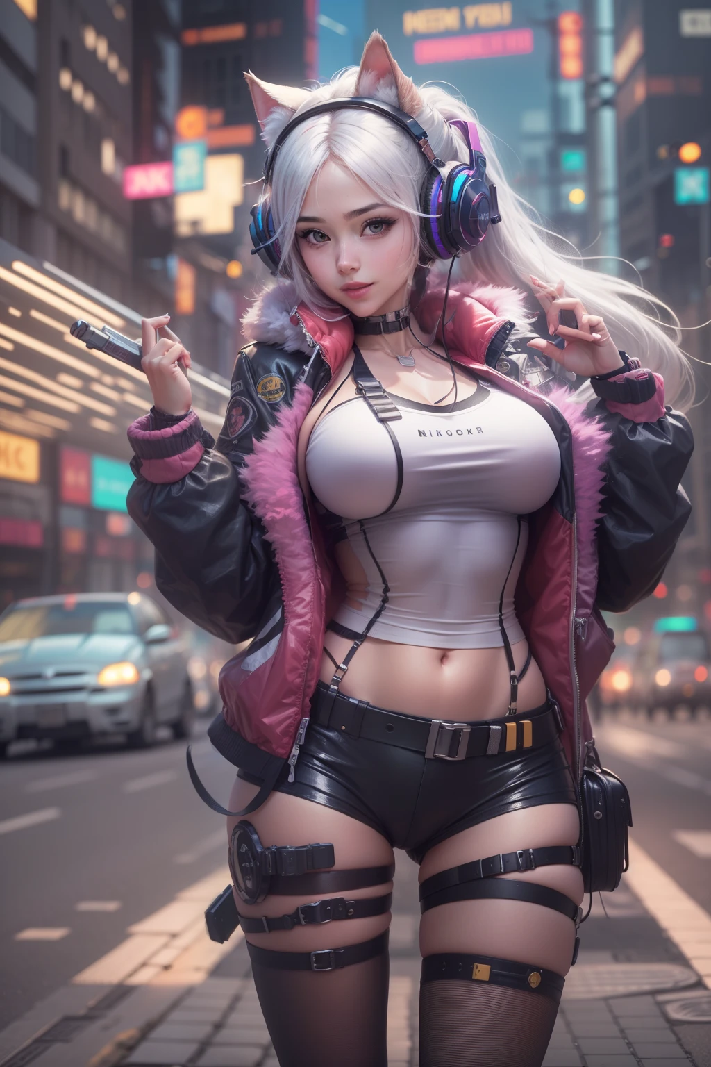 (RAW photo, best quality, masterpiece:1.2), (realistic, photo-realistic:1.4),(masterpiece:1.4),(best quality:1.4), ((sexy cyberpunk catgirl)) solo, :d, (headphones), bangs, blush, BDSM body harness, huge breasts, dynamic pose, cowboy shot, (((cyberpunk city streets background))), hair intakes, headphones, long hair, looking at viewer, sidelocks, smile, (((thigh gap))), thighs, twintails, very long hair, white hair,alice \(nikke\),(shiny skin),realistic.