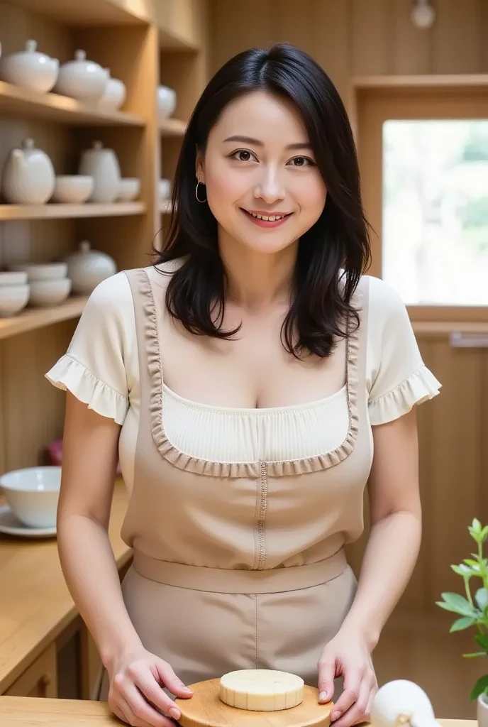 最high quality, 8k, Vibrant, Sharp focus, high quality, High resolution, Middle-aged women, Mature Woman, 55 years old, (Whole Body Ezbian), (High heels facial detail,((Droopy eyes)), Thick lips, Plump figure、Small face、((big 1.6))、((Large Breasts))、((White shirt))、((Black Skirt)).garden、Random Hairstyles、A kind smile、