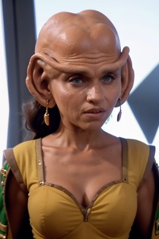 moclan woman, forehead ridge, bald, dark skin, wearing a dress, (sleeveless, wrinkled skin:1.2), facing the camera, scifi starship background, <lora:race_orville_moclan:0.8>