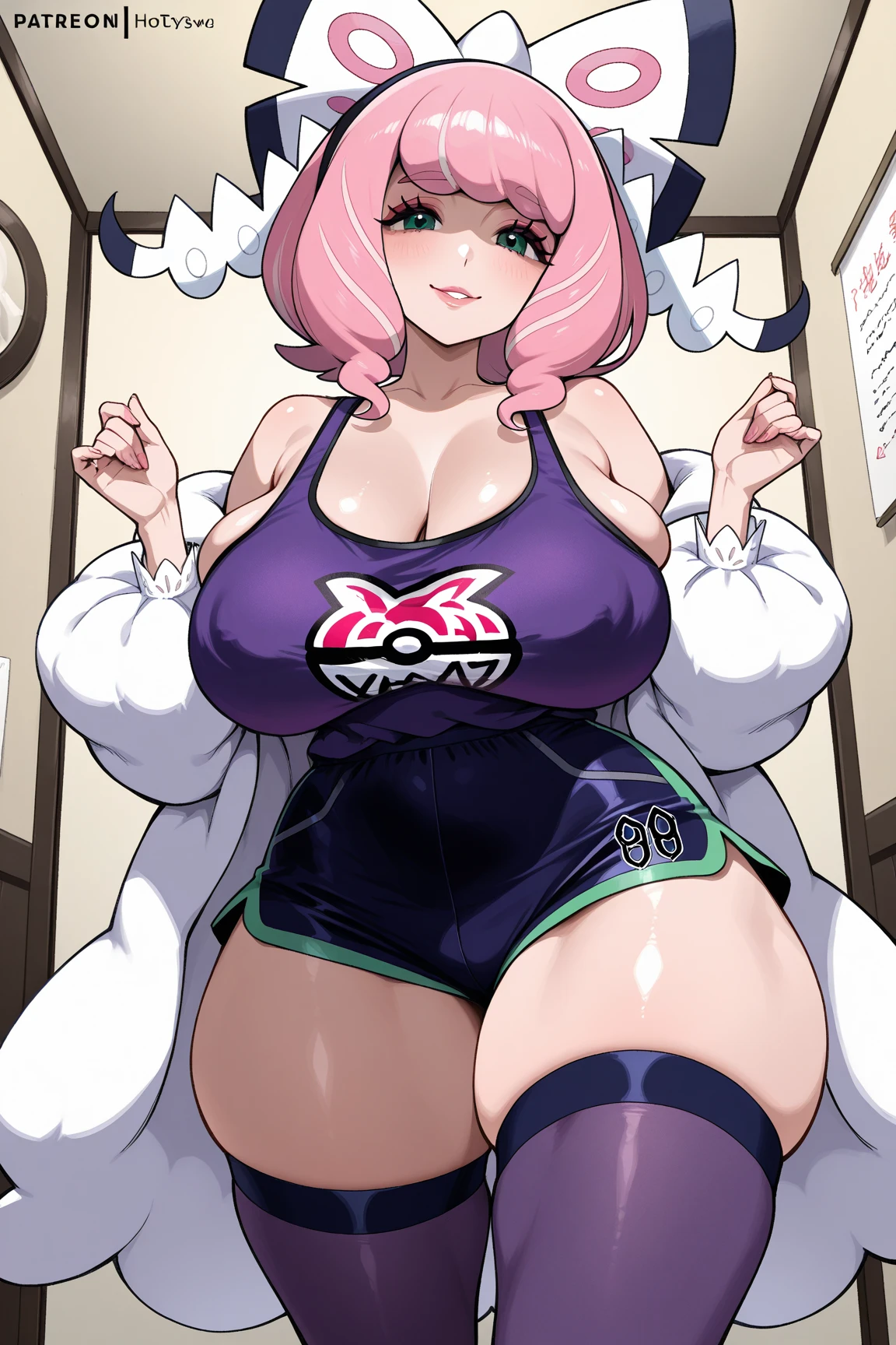 1girl, klara_\(pokemon\), klara(pokemon), huge_breasts, micro_bikini, groin, navel, down_jacket, puffy_sleeves, looking at viewer, pink hair, fur coat, smile, lips, thighhighs, standing, hairband, white coat, eyeshadow, makeup, solo, white jacket, gloves, dynamax band, pink eyeshadow, bow, white background,
<lora:klara_pokemon:0.8>
