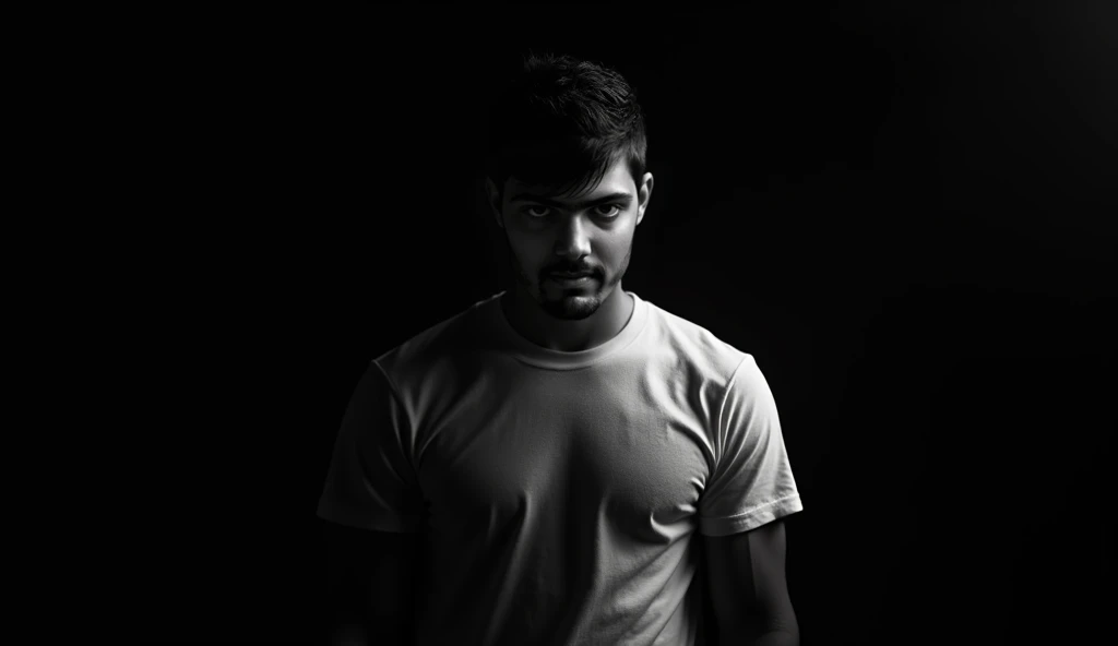 a handsome 25 year old indian boy,standing,wearing a t-shirt and pants,fear expression on face,scared facial expression,full body shot,(best quality,4k,8k,highres,masterpiece:1.2),ultra-detailed,(realistic,photorealistic,photo-realistic:1.37),HDR,UHD,studio lighting,extremely detailed face and eyes,detailed facial features,realistic skin texture,cinematic lighting,dramatic lighting,intense shadows