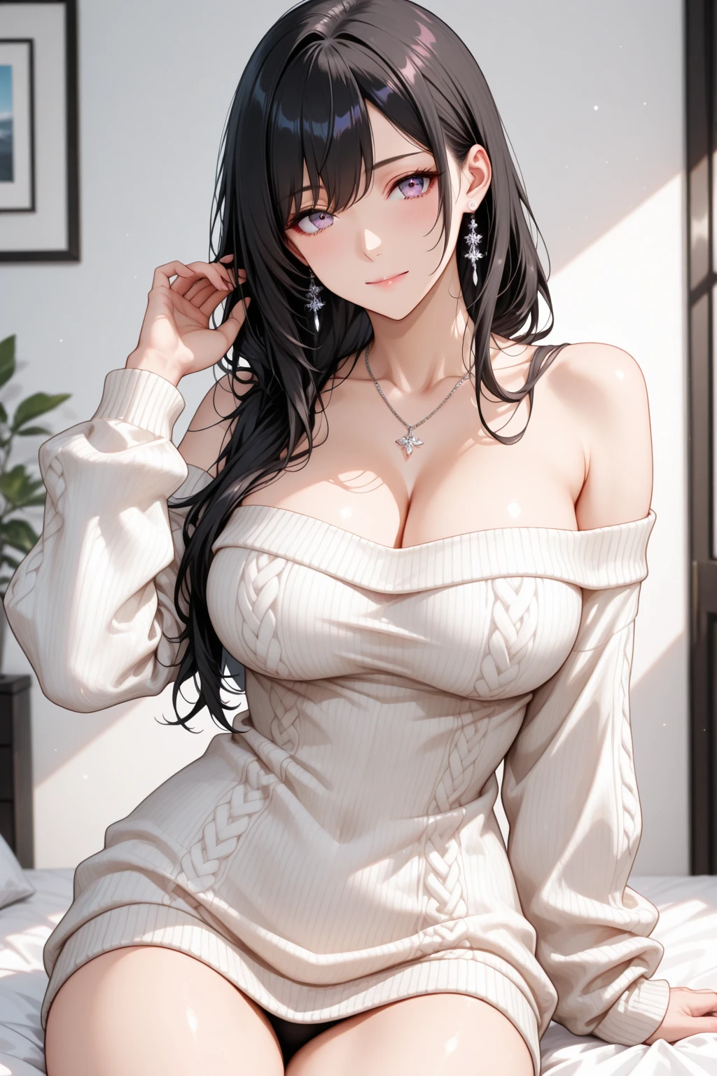 (((masterpiece))), (((High resolution)))、(((8K quality)))、(((perfect face)))、(((Korean idol)))、20 years old、(off shoulder sweater), look at the camera, ((top quality eyes)), (detailed face), (detailed texture), (big tits), (plump thighs)
