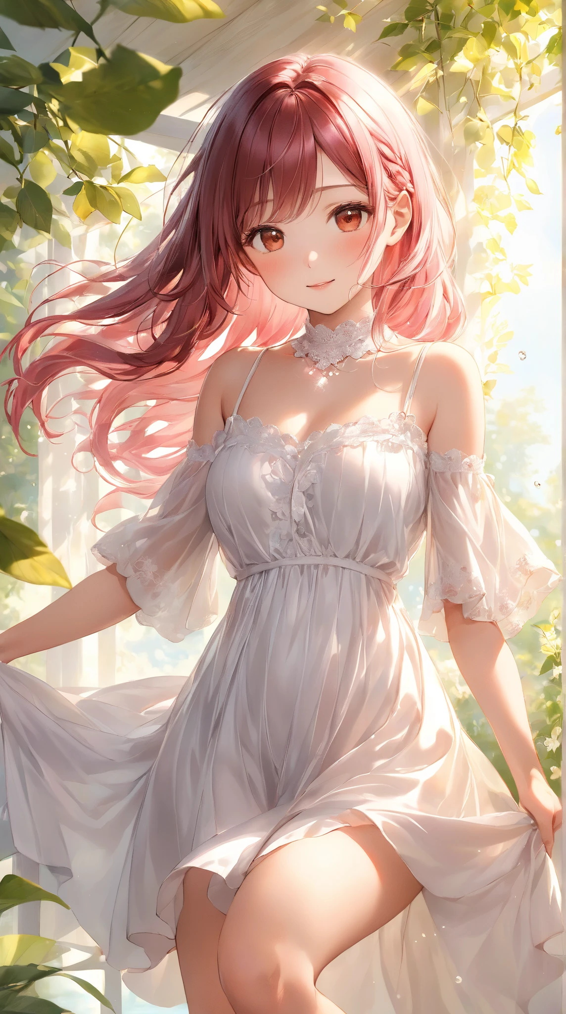 ( Absurd , high quality , Super detailed, Watch your hands )Zodiac sign - Cancer Goddess , Similar to the goodness of Latin , intellectual, Crafty, Reasonable, Strong-willed face , mature , tenacious, Sulky, Hypersensitive, Oppressive style ,  Ocean Blue Eyes(Eye details), Long Hair , Dark pink hair , Transparent Dress , Lace Lingerie, In the sea of flowers  , whole body , Innocent Makeup ,dress、White one-piece、cowboy shot、white base fashion