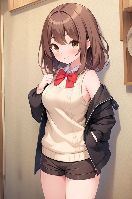 masterpiece, Highest quality, High resolution, One girl, alone, short hair, Brown Hair, Brown eyes, Bedroom、((pantyhose))、(Japanese school uniform)、(Knitted outerwear)、(Showing panties)