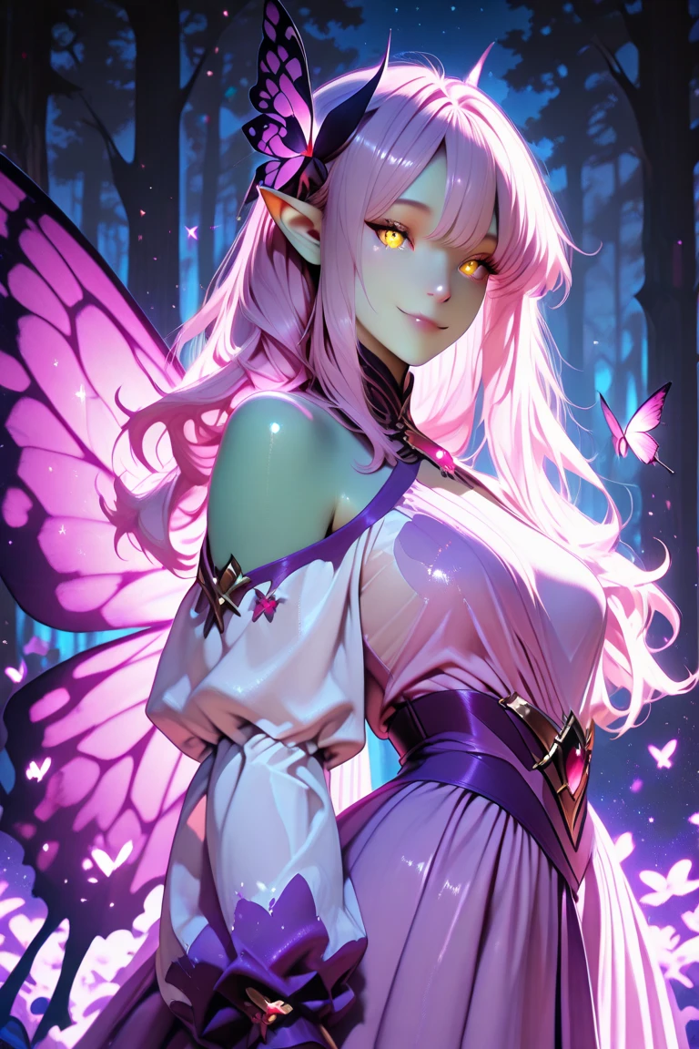 A pink haired female fariry with violet eyes with an hourglass figure wearing a Gothic fairy dress in an enchanted forest is posing with a smile