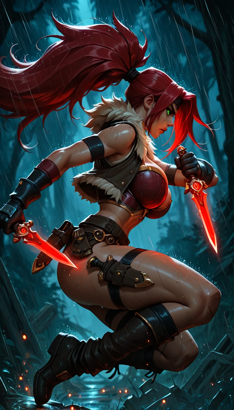 garota guerreira sexy goblin, pose de batalha, armor and bloodthirsty expression pleasure of short hair, segurando um machado, capa vermelha, orelhas pontudas