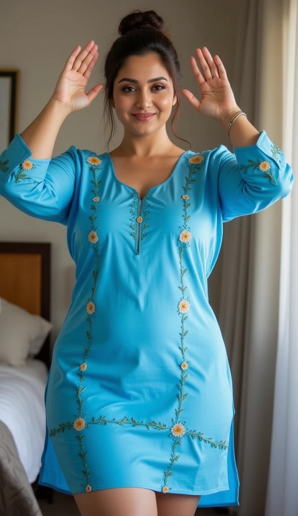 (masterpiece), Generate a realistic, highly detailed 16k resolution image of a! ((Pakistan milf)) woman with facial features . She should be wearing a traditional Pakistani kurta pajama with intricate designs and tight fit . The kurta should have rich, different vibrant colors and detailed embroidery. naturally full eyebrows,perfectly formed nose,expressive face,attractive appearance,confident and elegant posture,graceful movement,vibrant and colorful dress, The background should be simple and not distracting, focusing the viewer's attention on her face and attire. Ensure the lighting highlights the textures and details of both her face and clothing.(sharp), focus, full body, sexy hip, saggy breast, big breasts, cleavage, body type mixtures of Indian and Pakistan, (sharp ), big ass, sexy legs