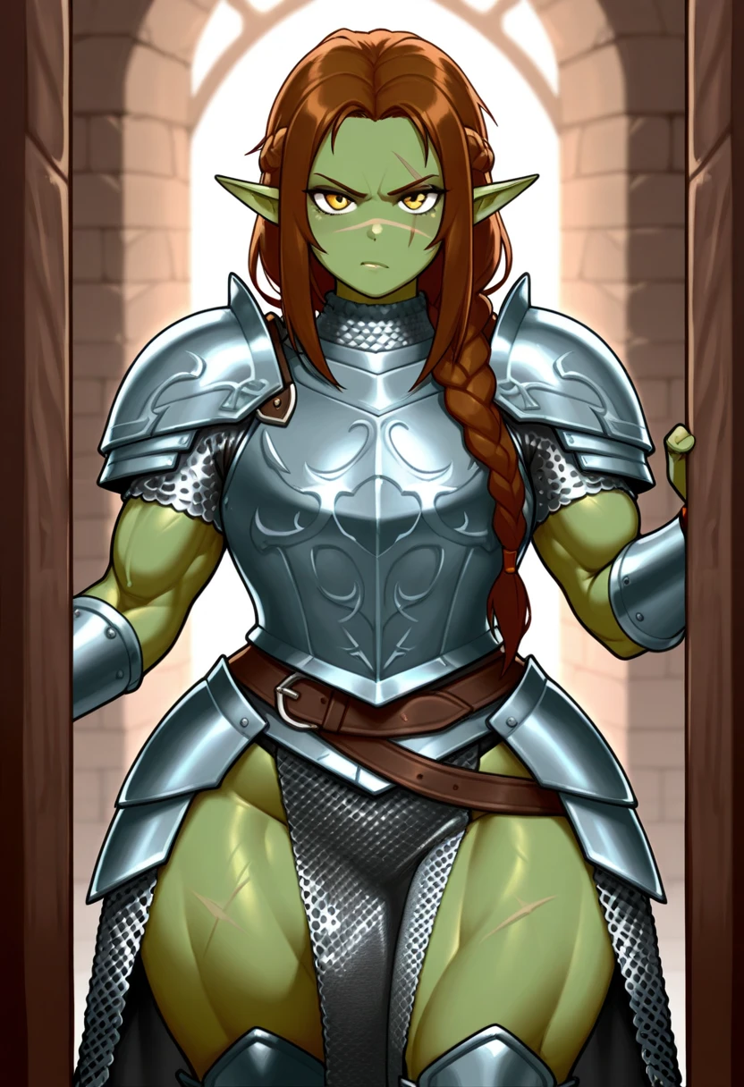 masterpiece, best quality, ultra-detailed, 1 girl, goblin girl, female goblin, goblin, 1girl, green skin, long pointy ears, makima \(chainsaw man\), brown hair, long braided hair, red eyes, bangs, medium breasts, smile, belts armor, shield