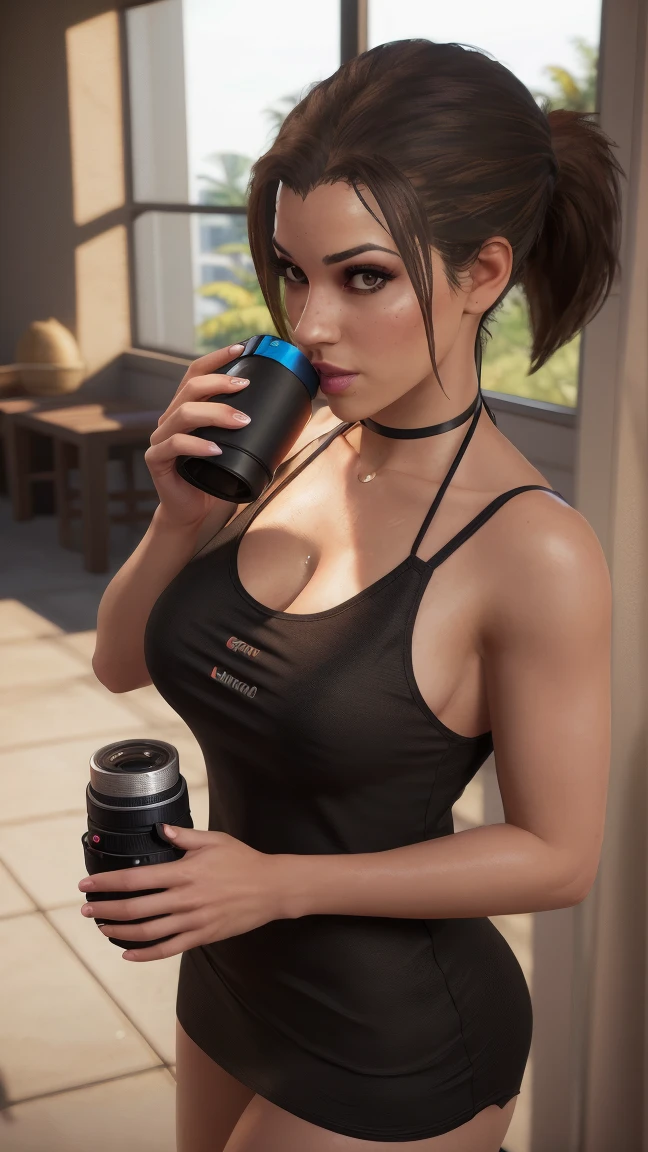 Lara Croft eating a smoothie bowl as breakfast in a cafe, wearing casual clothes, DLSR, black clothes, sharp focus, soft lighting, photorealistic, masterpiece, perfect face, ultra detailed face, beautiful brown eyes, beautiful face, perfect anatomy, 8k, masterpiece, ultra detailed
