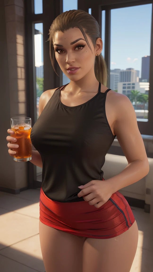 She looks a bit like Jessica Alba, Beautiful Brazilian girl, brown hair in a ponytail, 18 years old, beautiful thin figure symmetrical eyes, (beautifully detailed face, beautiful detailed eyes), dramatic lighting, (photo realism:1. 4), realistic, sharp focus, HD, highly complex, intricate, photography, hyperrealism, hyperrealistic, raytracing, physics-based rendering, ((8k, RAW photo, masterpiece), High detail RAW color photo, (highest quality), (best shadow), (best illustration), ultra high resolution, highly detailed CG unified 8K wallpapers), rim lighting, vivid color, post-processing, vibrant, color grading, She is tasting white wine in a wine bar, wearing tight leggings and a sports bra, showing her ass, holding a glass of white wine