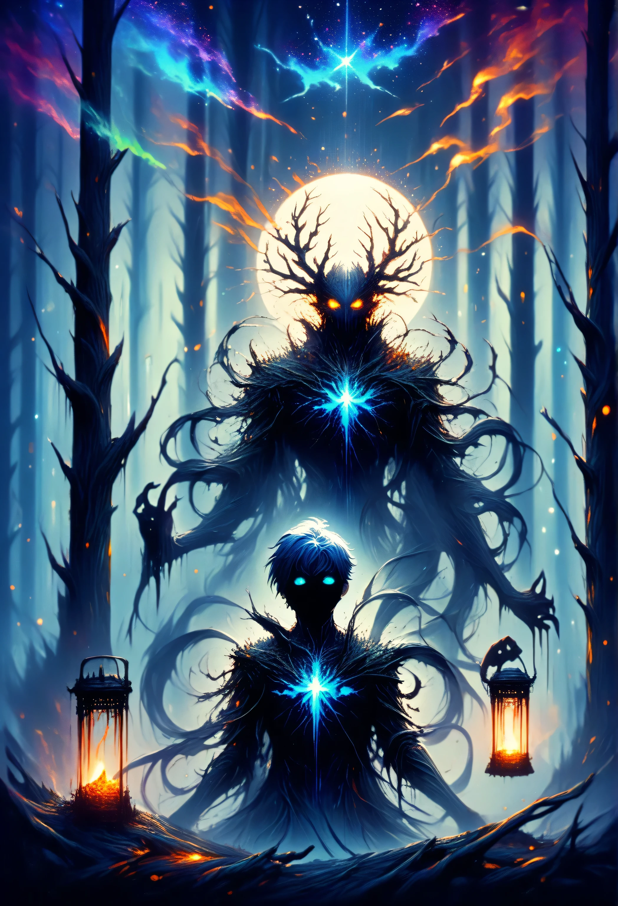 The overall composition:
- the background is divided in half:
contemporary (The Beautiful World ): A blue night sky with sparkling stars and a silver moon, illuminated by ancient oak trees with golden leaves, with a quiet lake that reflects the light.
- Upper half (Hell ): Burnt earth with cracks from which orange lava erupts, with charred trees and ghostly hands emerging from The Earth .
The hero (The silhouette):
- Shape : Life-size black silhouette of a human figure (Masculinity) Style, with no discernible features except for two radiant blue eyes (neon lighting) Appearing to emerge from the void .
- The constraint: Elegant shackles of black metal decorated ( Like designs of the Gothic Middle Ages ) تربط معصميه وقدميه، مع سلسلة ممتدة نحو الظلام في Hell ، لكنها غير مُقيِّدة لحركته تمامًا.
- Position: stands in the center of the picture where the two worlds meet, his head tilted slightly to reflect sadness or contemplation, his hands (واحدة للأعلى نحو الجنة، والأخرى للأسفل نحو Hell ) As if touching both worlds .
Additional details:
- Lights : Light coming from above (smooth) On the upper part of his body, while the lower part is lit by the orange glow of fire .
- artistic touches: Transparent blue butterflies can be added around his hands at the top, and flying ash at the bottom .
> Artist's Note : Style can be used " A big rainbow " In a dark watercolor technique or "Dark anime" ( Like the works of UFOtable Studio ).