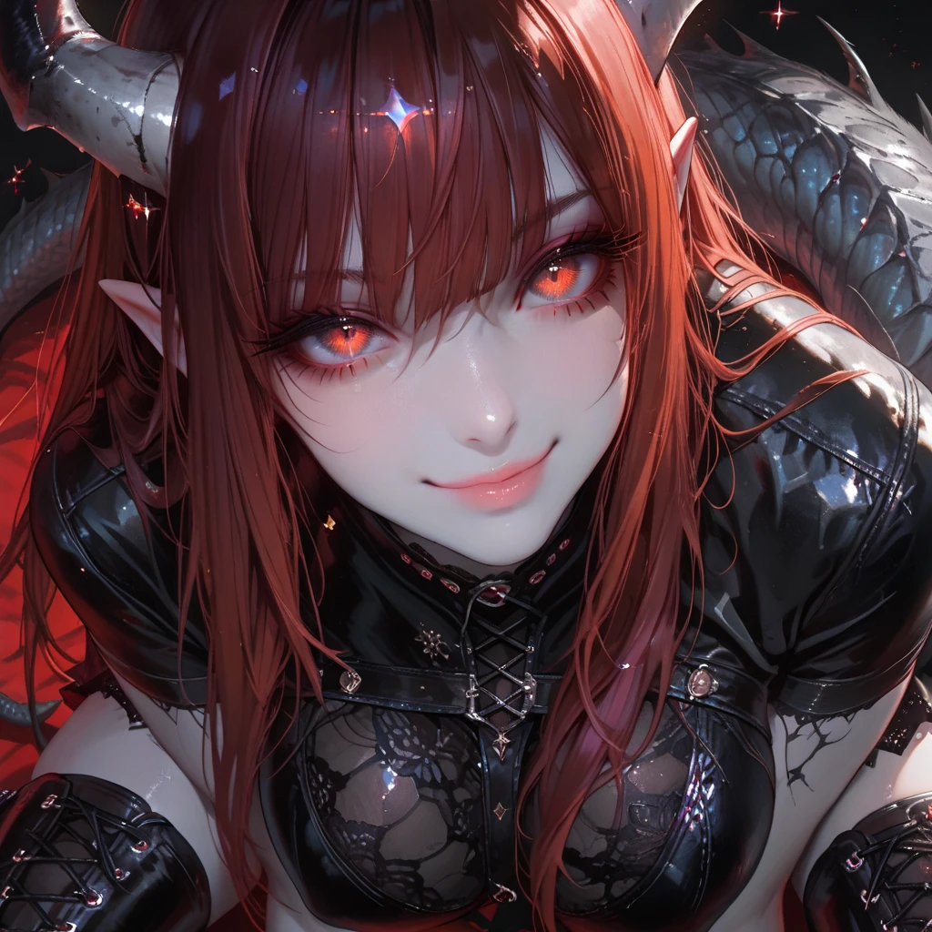 44 years old、beautiful girl、night、Apparition、Fangs from the mouth、Horns on the head、smile、Red Hair、Big slanted eyes、Big Mouth、Dark Background、Close-up of face、clavicle coordination