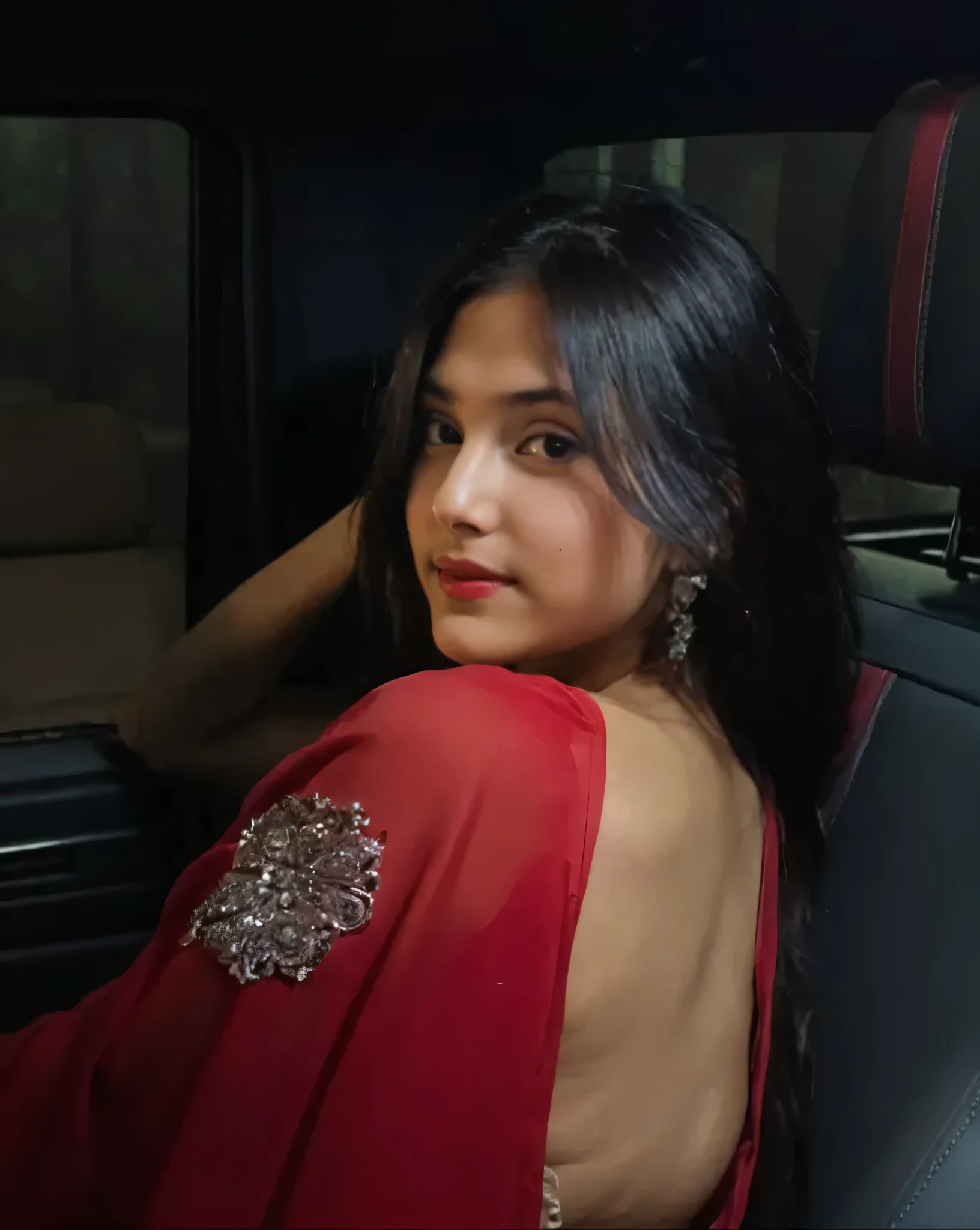 a beautiful girl with long hair, a transparent saree, a deep neck blouse, cleavage boobs, a waist chain, 34 size boobs