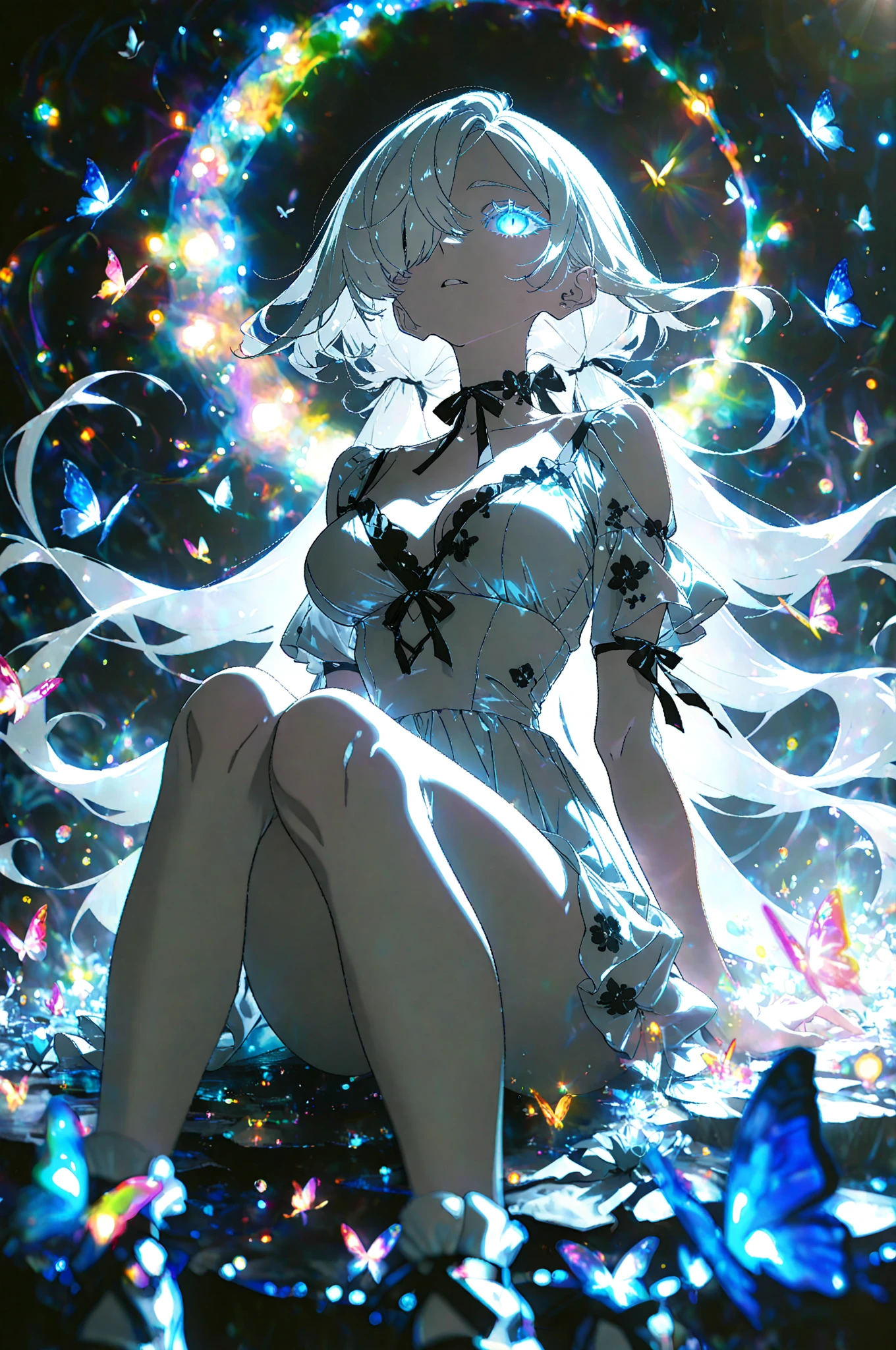 Lots of blue butterflies、Background Black、Line art、Neon LightThe overall look is dark,Blue glow, Glowing Blue, Glowing Details!, Glowing Aesthetics, Shining with Magical Light, White Glowing Veins, Glowing Details, Shimmering with Colorful Lights, Bioluminescent Skin!, with Glowing Blue lights, anime characters; full body art, Glow effect, Luminous veins, Blue light. fantasy, A cartoon girl in a glowing outfit sits on the ground. The neon on her body is the light source.
araffe girl in a black dress Eat sushi and a cup of tea, Very beautiful and cute catwoman, Eat sushi, Cute core, Charming cat girl, 21 years old, 22 years old, sakimicchan, real life anime girls, Shikami, Chen Ximei, Young and beautiful gravure idol, Nekomimi