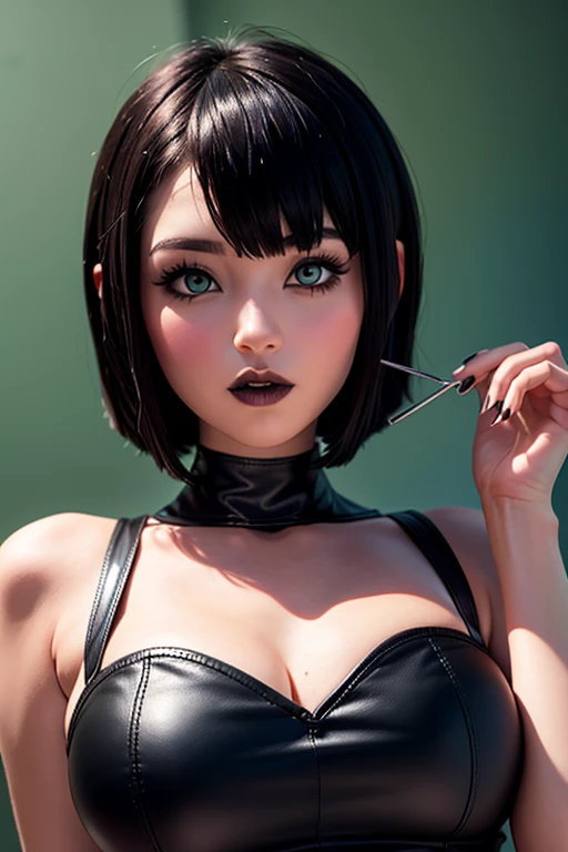 Create a woman of 30 years, black hair, Chanel cut, blue eyes, perfect face, with small and round breasts, athletic and slim body.