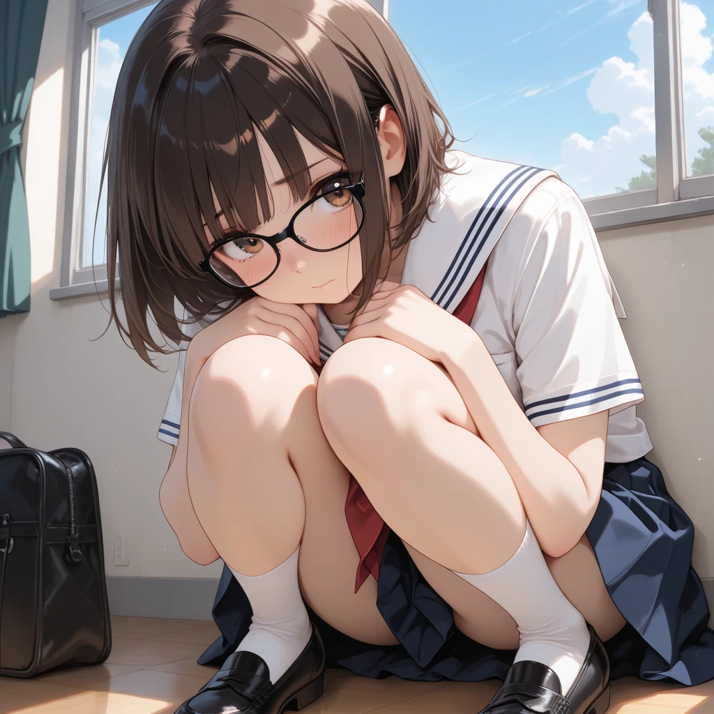 (((masterpiece, Highest quality, High resolution, 超High resolution, Perfect Pixel, Depth of written boundary, 4K, RTTX 10.0))), Beautiful Anime Woman, Beautiful art style, Anime characters, ((Smooth texture, Realistic texture, Anime CG Style)), Exact finger count、Exact number of legs、(Exact number of arms:1.0, Exact number of hands:1.0), (Perfect hands, Perfect Anatomy), Cinematic, Realistic, Extremely detailed CG, Daytime lighting, Perfect lighting, Best Shadow, The best natural light, whole body, Perfect body, バランのとれたPerfect body, Perfectly balanced style, Slender body, ((Long Hair, bangs, Reddish brown hair, ponytail)), ((A cute adult woman is holding her panties in both hands and showing them, holding panties, presenting panties:1.8)), ((Sailor suit tops, Sailor collar, White shirt, Navy pleated mini skirt:1.3), (Knee-high socks:1.3):1.3), (Beautiful and big breasts:1), (Very embarrassed look:1.6), blush, (School classroom, School desks and chairs in the background:1.4), Angle from the front, (Sexy and cute panties:1.45), Iori