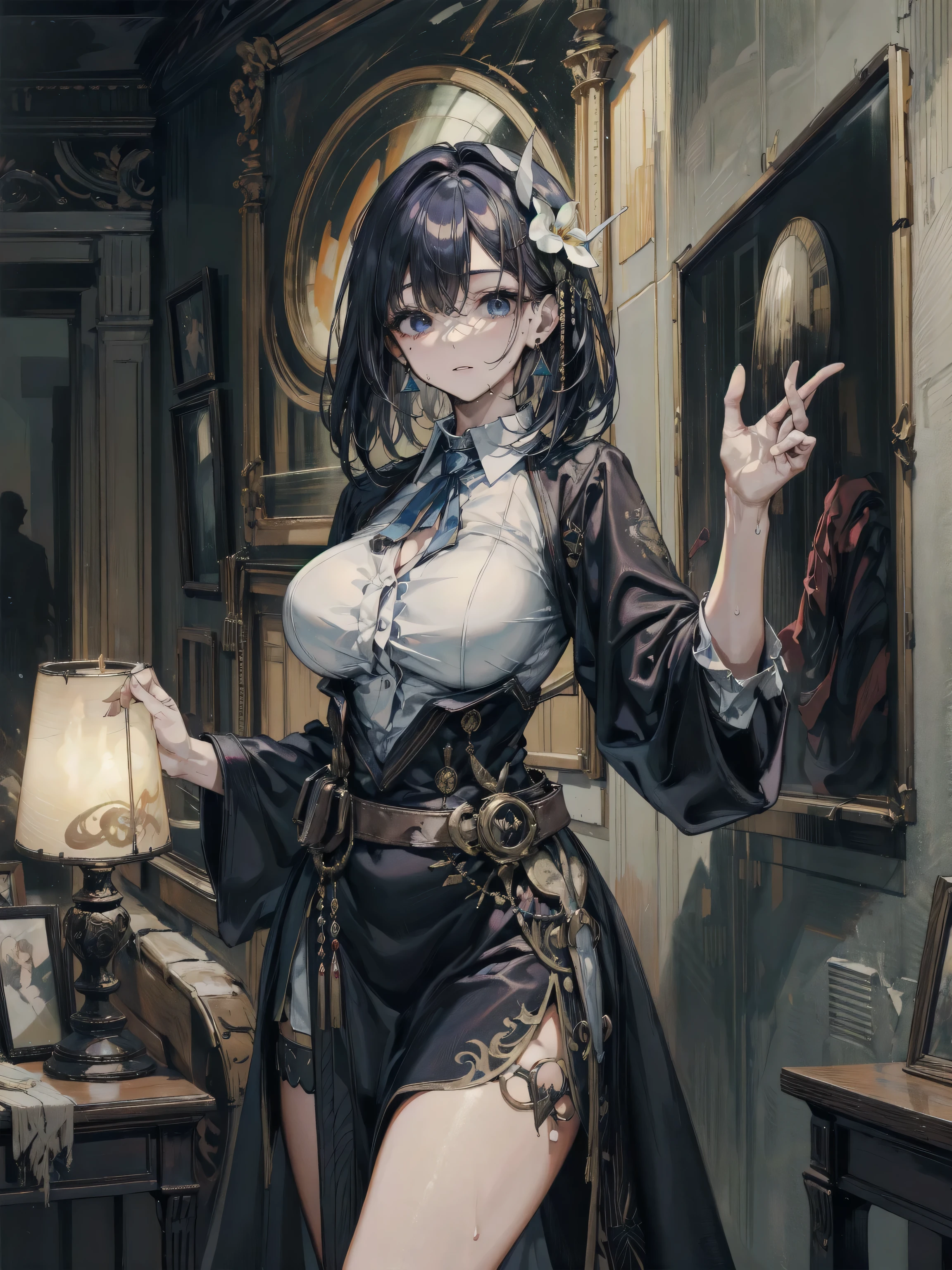 (1girl, yuri alpha:1.0), (anime overlord), (solo:1.4), (Maid_Dress), (64k, UHD, Raw photo, highes, Best Quality, mastepiece:2.0), (Ultra-fine depiction of details:3.0), (a serious, loyal, hard-working maid head, the vice-captain of the "Pleiades Six Stars", the battle maid squad of the Great Tomb of Nazarick), (a beautiful woman with an intelligent look), black hair, (elegant, vivid blue bowtie, ribbon:1.3), (green wristband), (She is equipped with highly elaborately designed, dark emerald green spiky gauntlets:1.5), (perfect face, perfect body, perfect figure, pink lips, slight blush), (cool, intellectual glasses), (slightly glowing blue eyes:1.3), (shiny sleek long hair, single hair bun, single braid bun, double bun), (silky, high-quality, majestic, gothic, ((low-key)), simple, long maid dress:1.5), (vivid blue gothic style choker:1.3), (pure white maid apron:1.2), (gigantic breasts:1.2), (sexy cleavage:1.1), inhouse, studying the orders issued by the master of [the Great Tomb of Nazarick, Ainz Ooal Gown], the room is filled with solemn atmosphere, (long shot, full body shot), (perfect lighting,)