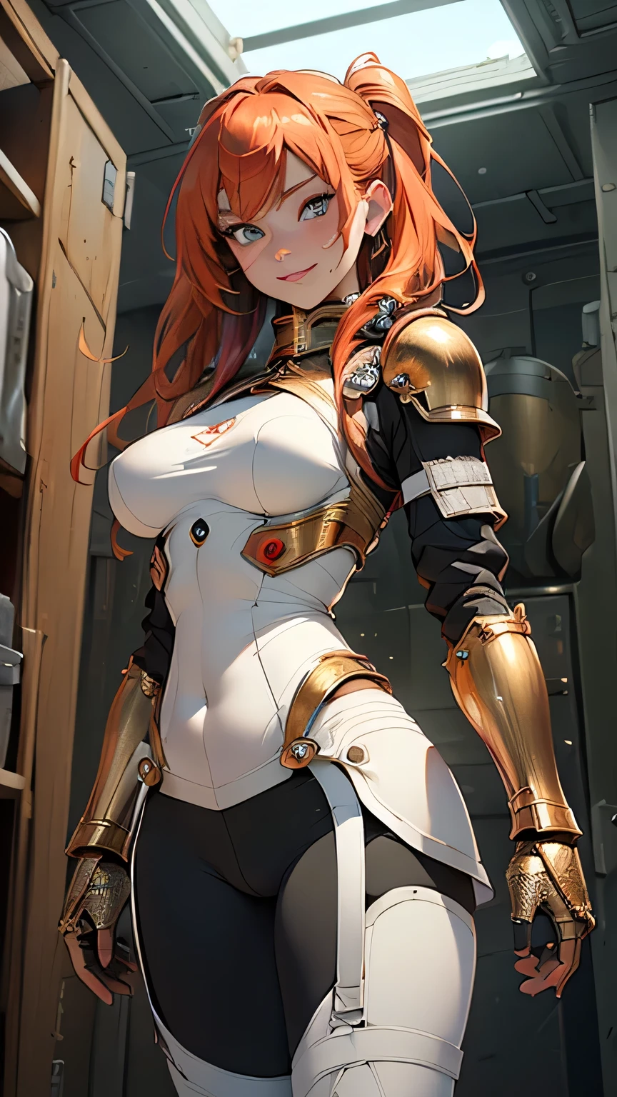 {masterpiece, best quality) 1girl, very long red hair, green eyes, Caucasian skin, some freckles around her nose, white and fluffy bunny ears, no human ears, smiling, spaceship interior, bunny girl, adult, mature, long fringe, tomboy, 30 year old, strong, muscled, MILF, curvy, thicc, futuristic yellow black and white radiation suit with lightweight metal armor plating, white flight goggles with yellow lenses worn on her forehead.
