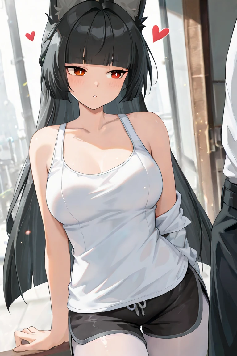 Optimal,masterpiece,High resolution,highest quality,in town、cute face,,black hair、long hair、twin tails、 ((scarlet eyes)),long eyelashes,drooping corners of the eyes,Are standing、thin legs、white skin,((Shoot from the front:1.5)), ((Wearing a tight white t-shirt:1.5)), ((tight yoga pants)). ((pointed nipples))、rocket tits , big breasts,