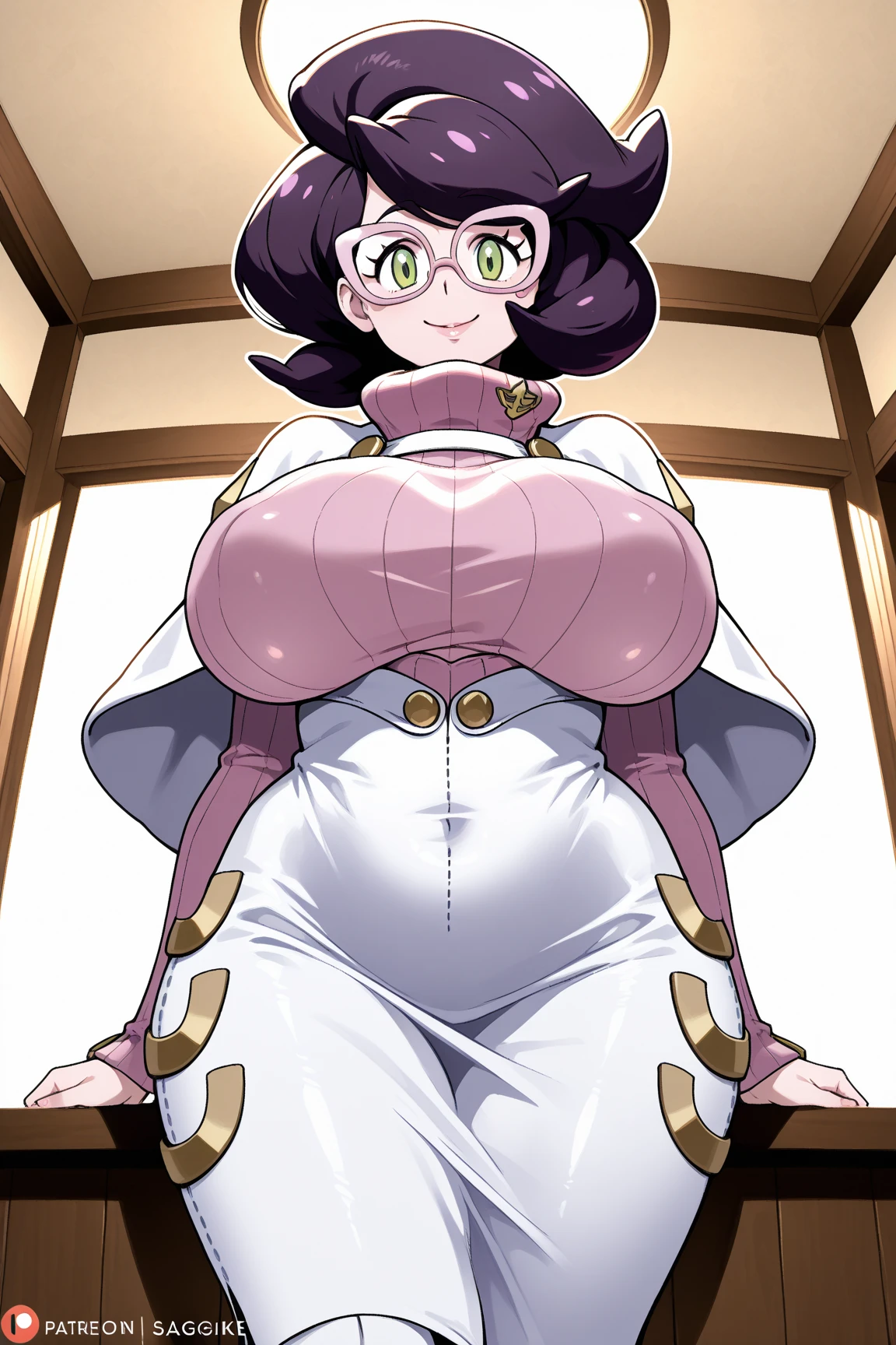 masterpiece, 1girl, Kuramitsu mihoshi, brown hair, dark skin, wizard's hat, wizard's robes, holding staff, smiling, blush, castle, brick floor, medieval, dust, fog, sunny, clouds, red eyes, walking, full body, huge breast, thicc