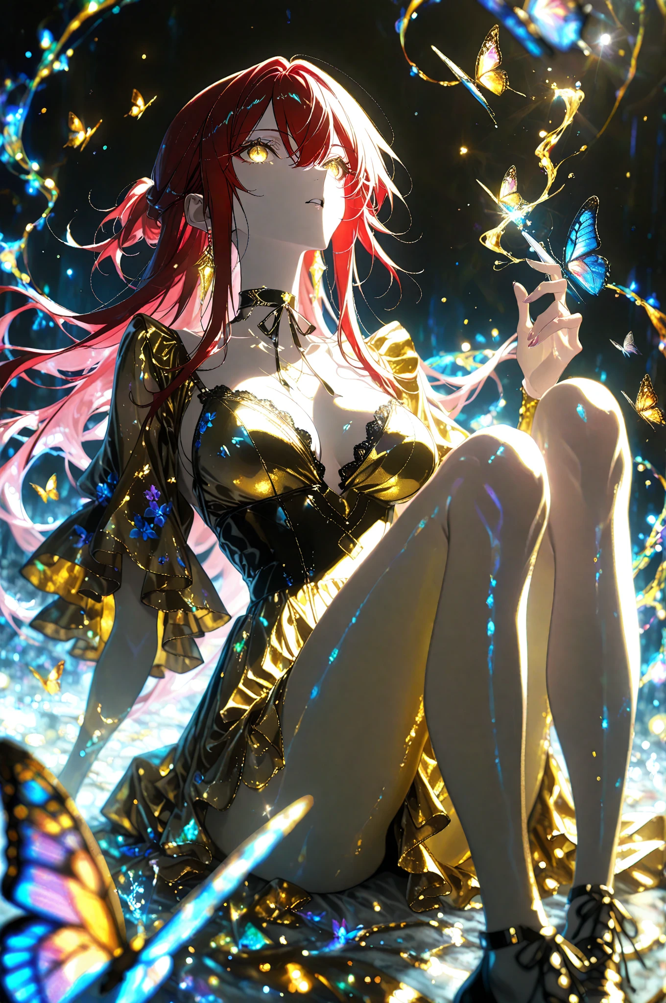 (masterpiece:1.2, best quality),holographic clothing,(((holographic elegant long maxi dress ))) with ((metallic material flowers )), ((neon bright orange hair, long flowing hair,)) orange golden eyes, big crystals, (intricate details, depth of field, intense focus), (1girl, solo), perfect face, (big breasts:1.4), wide hips, glossy lipstick shiny, moe artstyle, wallpaper 8 k, digital illustration, beautiful, futuristic but elegant and delicate fashion in light holographic colors, many details and lace on it, long holo gloves up to her shoulders, the background is an amazing field with colorful detailing, holographic, holo details, holographic shiny suit, gamma