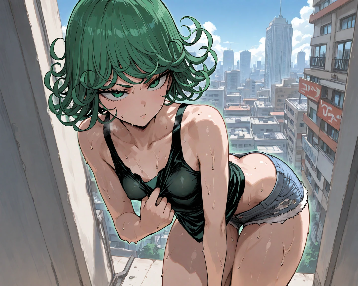 ((ultra quality)), ((work of art)), ((真实感)), (detailded),(4K), tatsumaki, one punch man,((sexly)), (medium breasts), (expressão facial sexly), (delicate breasts),(( semi raised dress)),(transparent dress), (raised thong panties), ((beautiful body)),( wide hip), (six pack abs), ((beautiful curves), (ideal female figure) ,(rosy cheeks), close no rosto,(photographic essay), (sensuous), grown-up, fund: (distant buildings), (blue sky)