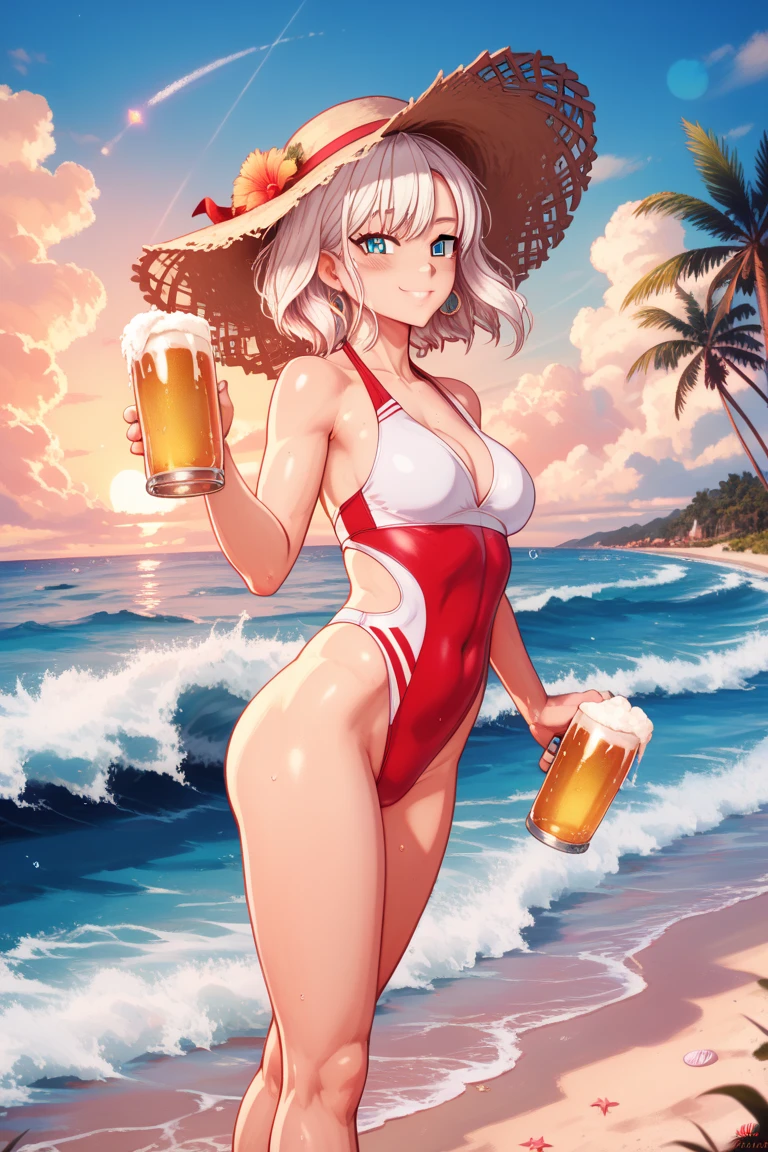 1female, solo, a woman in her mid-thirties, 5 feet 11 inches, short blonde hair, pony-tail hairstyle, emerald eyes, tan-olive skin, green bikini, looking at viewer, holding a beer can, serious, grin, blush, standing, outside, beach, ocean, blue sky, high quality, masterpiece

