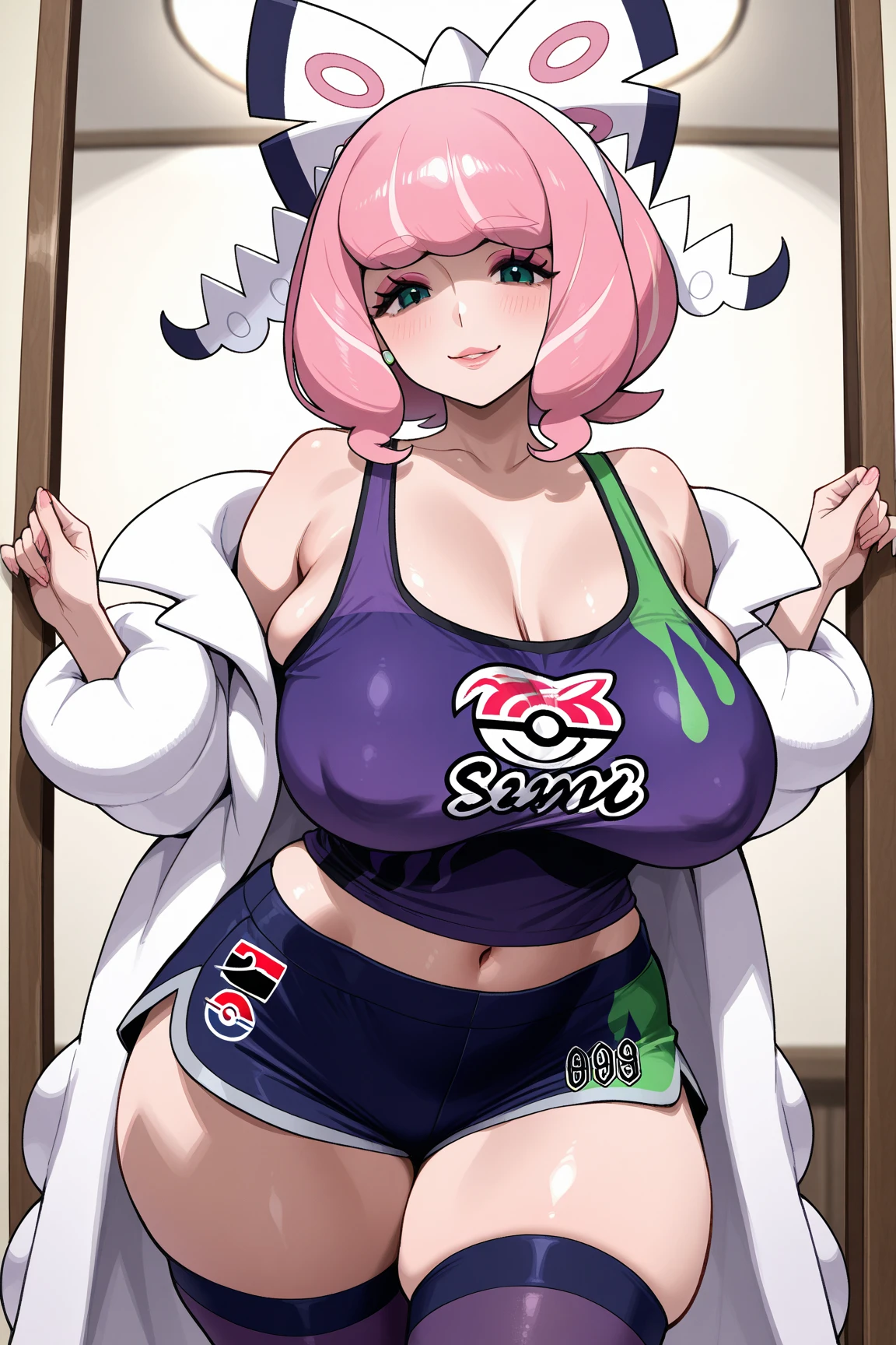 1girl,  (((bimbo))),hoop earrings, big puffy lips, painted lips, thick lips. 
White with red highlights hair, short twin pigtails, annoyed, rolling eyes at viewer, wide hips, thick thighs, perky breasts, bursting breasts, Nightlife, Night city, Cyberpunk city, futuristic cityscape. Neon lights, (skyscraper:1.1), Tokyo tower, palm tree, cloth sign, ramen stall, night club. bright city lights, exotic car. alcohol, bar, ramen, soup stall ,alcohol bottles, leaning back against a pole, relaxing pose, stomach blush, overflowing breasts, rounded stomach, pubic tattoo, word underbelly tattoo, cameltoe, gymnast, sexy dolphin shorts, low hanging shorts, slutty yellow jacket, white liquid running down, no panties, white juice in between thighs, eloborate ruler tattoo, pants fly open, covered nipples, sheer camisole, black camisole, underboob, twisting pose, motion lines from breasts, baseball cap, anime_screencap, opening coat to reveal her sexy body, red arrow pointing at pussy tattoos, tattoos that say COCK