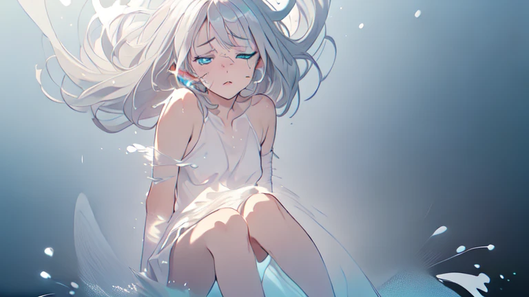 A young girl, delicate features, innocent expression, covered in thick white fluid, messy hair, vulnerable pose