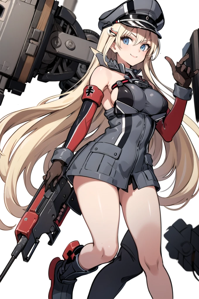 <lora:KC_Bismarck1-000006:0.8>, bismarck_\(kancolle\), 1girl, blonde hair, hat, long hair, blue eyes, gloves, military, brown gloves, peaked cap, thighhighs, military uniform, uniform, bare shoulders, detached sleeves, military hat, iron cross, breasts,anchor, grey thighhighs, large breasts, long sleeves, masterpiece, best quality, thick thighs, (simple background), (white background:1.3), (straight-on:1.5), natural, hairclips, solo focus, looking at viewer, facing viewer, standing, light smile,(cropped legs, ), <lora:pastelMixStylizedAnime_pastelMixLoraVersion:1>
