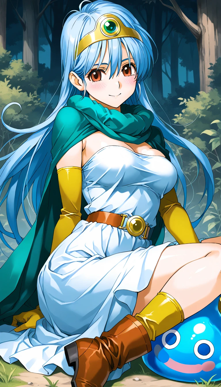 masterpiece, best quality, ultra-detailed, illustration, sage_(dq3), 1girl, (holding staff, staff:1.3), solo, long hair, blue hair, circlet, red eyes, large breasts, yellow gloves, white dress, belt, cape, boots, cleavage, bare shoulders, underwear, cowboy shot, grass, waterfall<lora:DQ3Sage:0.7>