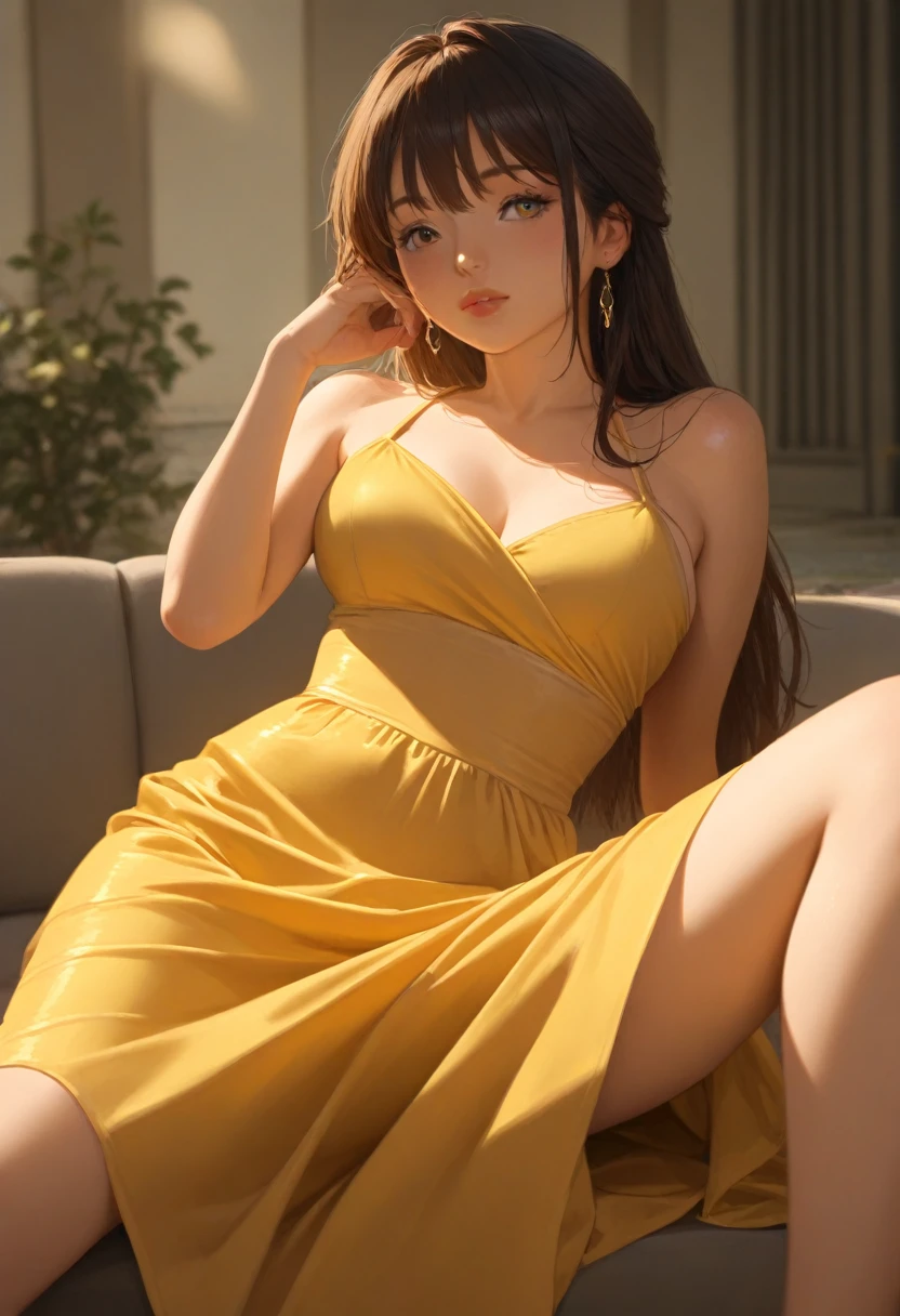 Ground view, concept art, small chest, hips, look at viewer, sleeping on ground, low ground view, shy blush face, sexual expression, 1 Indian girl, wearing small dress, lifting legs in the air, dark yellow colour dress,  bare shoulder,((nipple's)), unconcerned, NSFW, quality, in the garden, contrast, dark, little chubby,