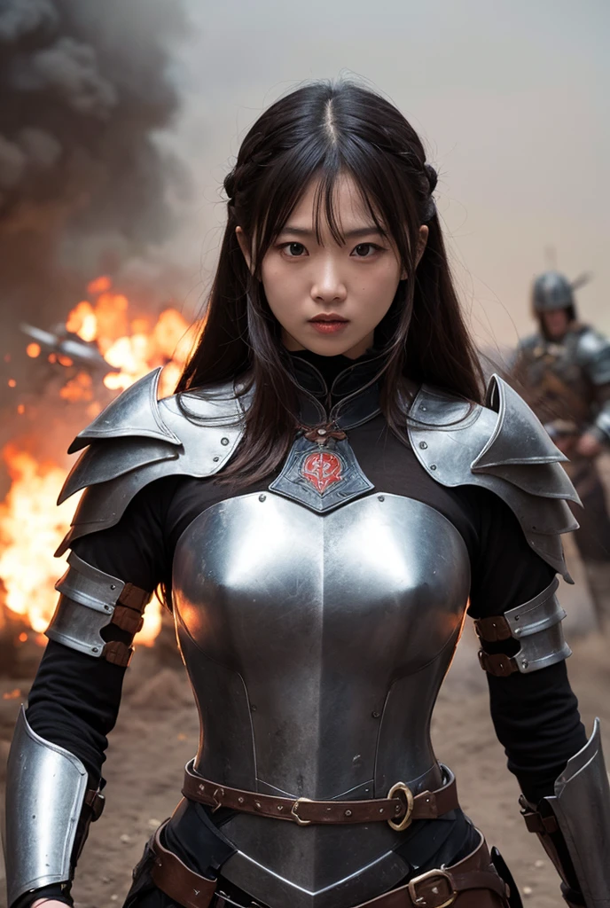 8k、puffed Breasts, ample cleavage, Super Detailed、​masterpiece、top-quality、(ighly detailed)、dynamic ungle、mysterious look、Wind-effect、Fantasy Background、Rim Lighting、ciinematic light、超A high resolution、8k UHD、film grains、Best Shadows、delicate、RAW、Particles of light、detailed skin textures、detailed armor texture、A detailed face、intricate-detail、Ultra-detail、Luminescence、strong con、Silver armor、(Holding weapons)、Slashing、Slashing Action、,scapular、radiant eyes、 long cloak、fancy、(lifelike)、armor on the shoulders、Convoluted、Convoluted、Perfect litthing、looking at the viewers、light、flying though the air、flight、Holy Light、Brilliant、bangss、Windy、Frozen mountains々、Long black wavy hair、passionate Queen
