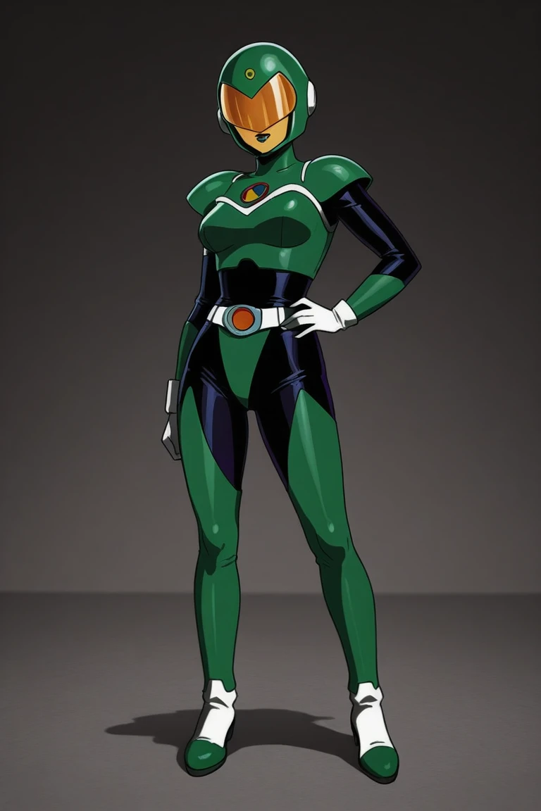 top-quality, Top image quality, masterpiece, character sheet, Full body, full of details, multiple poses, highly detailed, depth, many parts, one girl, solo, Standing, backgroun ruin temple, front view,body facing forward, power ranger, Ranger green, Headgear Helmet Green Power Ranger, no hair out, Green Mask cover face, Covering all face, mini skirt, big boob